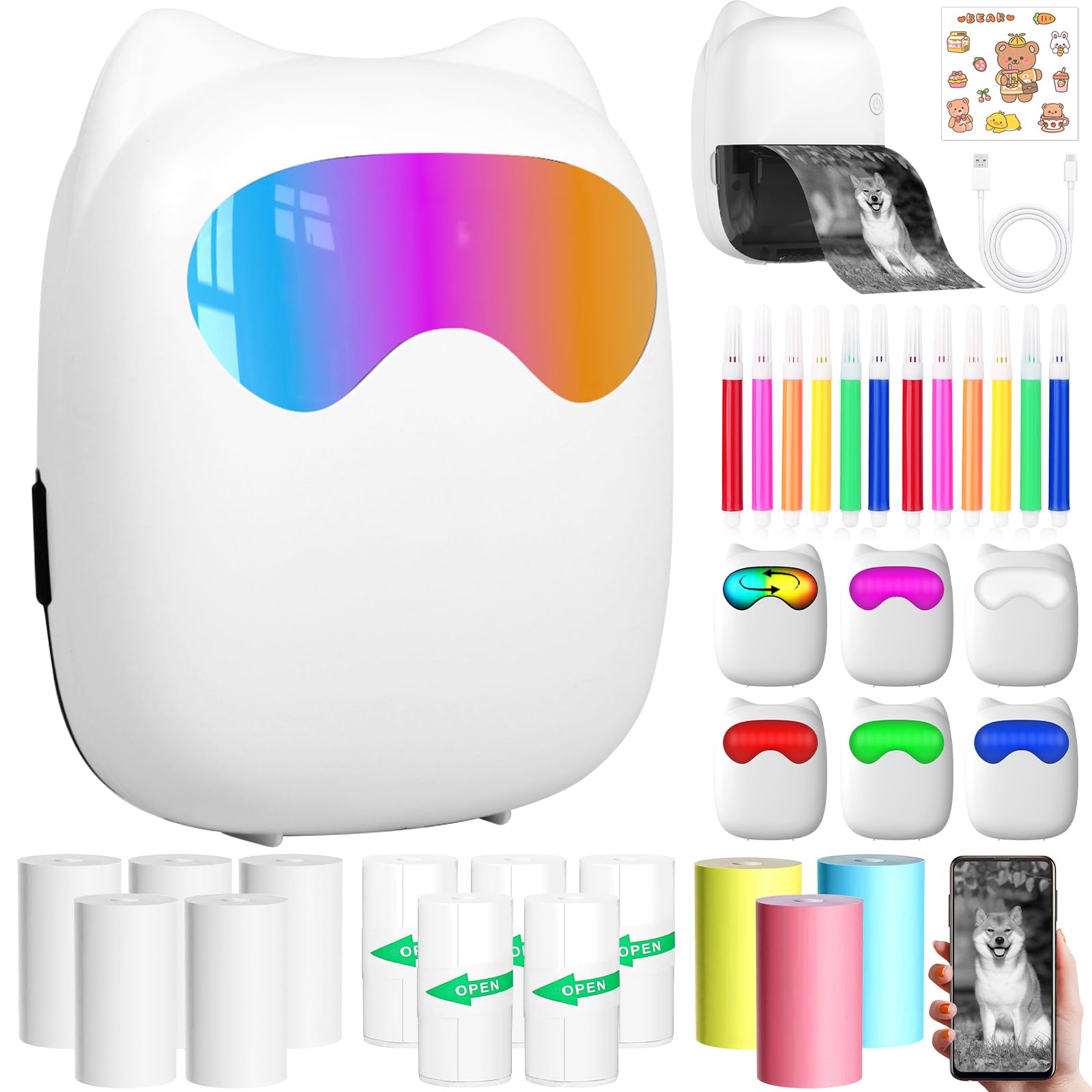 Mini Imprimante Portable Thermique sans Fil Bluetooth avec 14 Rouleaux de Papier pour iOS Android Notes Photos Journal