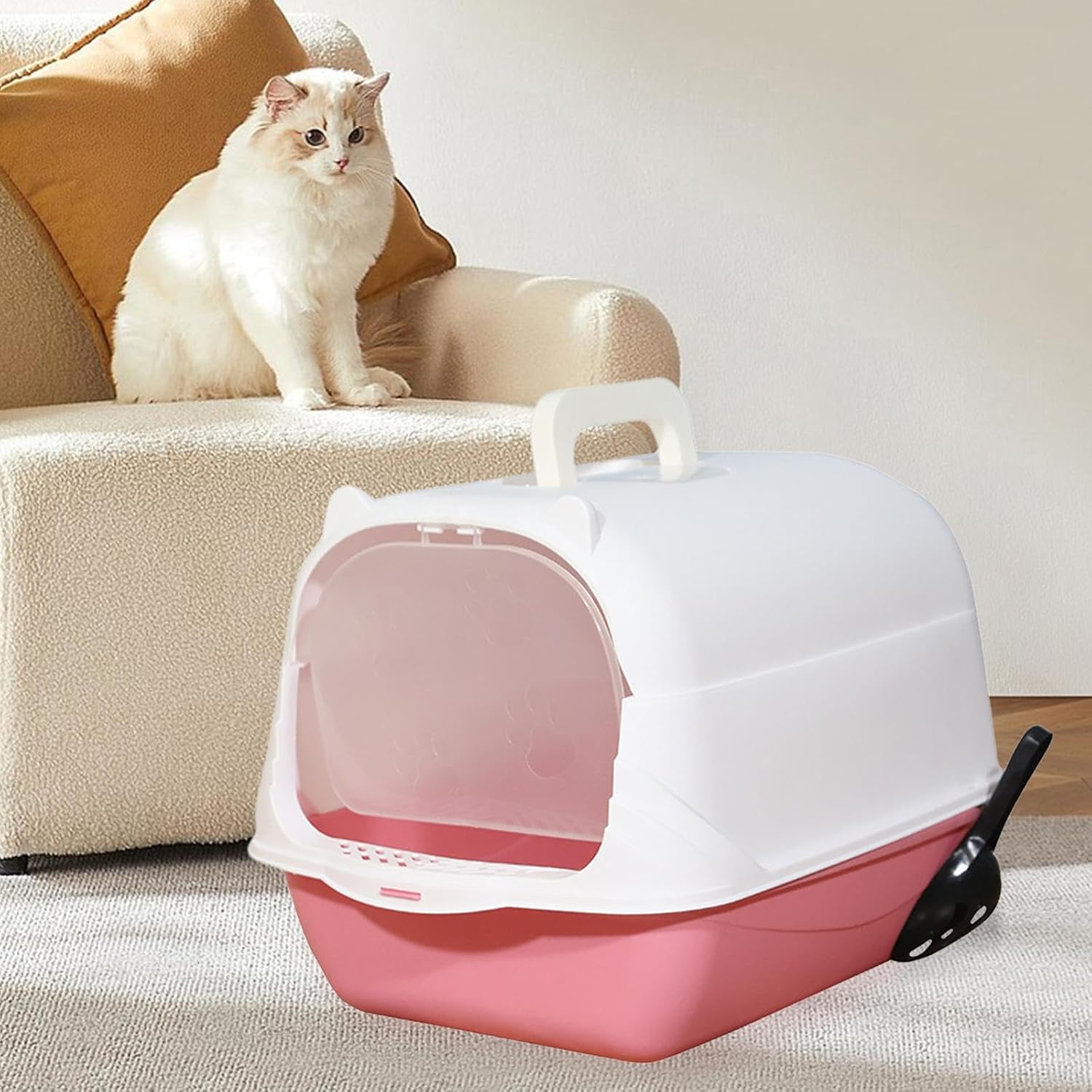 Hooded Cat Pet Fully Enclosed Cat Toilet Cat Litter Tray Kitten Potty, Handheld Pink