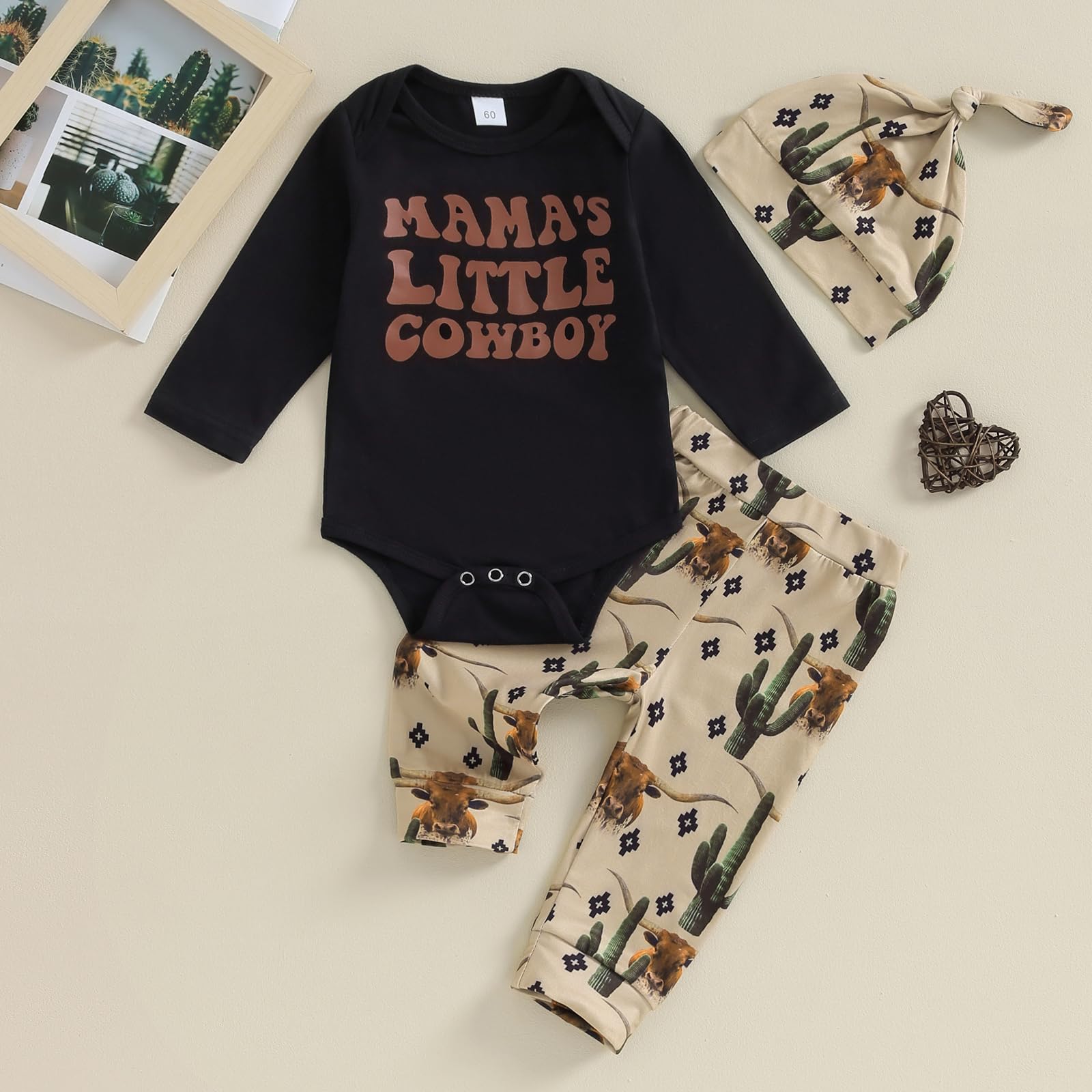 Gaono Newborn Baby Boy Western Coming Home Outfit Cowboy Long Sleeve Romper And Pants Hat 3 Piece Fall Clothes (C-Black, 0-3 Months)
