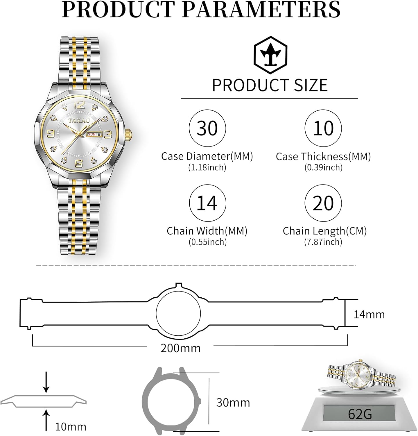 Womens Watches Dress Waterproof Luxury Stainless Steel Analog Quartz Watches Small Wrist Watch Two Tone Fashion Elegant Lady Watch with Day Date - Image 2