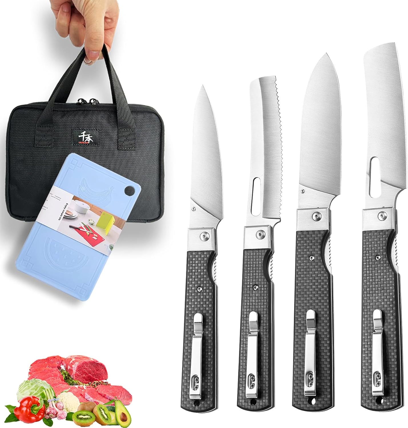 SENBON 440 stainless steel sharp set folding chef knife fruit knife carbon fiber handle camping barbecue outdoor portable kitchen knife with back clip