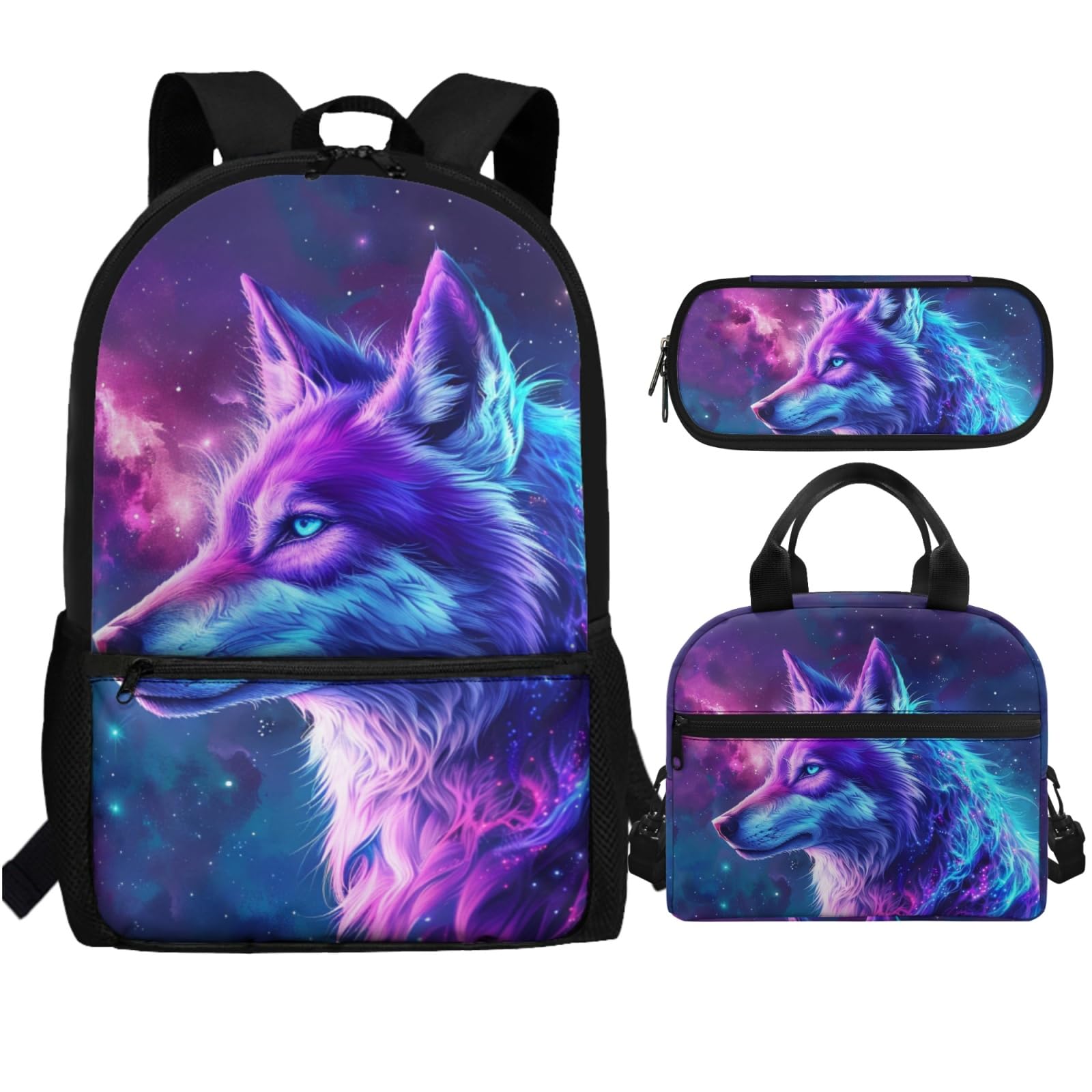 Yzaoxia Galaxy Wolf Backpack and Lunch Bag Set for Girls 3pcs Kids Book Bag for Boys 8-9/10-11 Elementary School Bag with Lunch Box Children Pencil