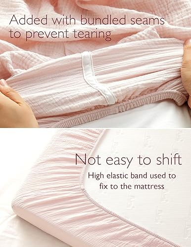 Miniatura 3 de Momcozy Juego de 2 sábanas ajustables de muselina, de algodón natural suave y transpirable de 32 x 16 pulgadas, envoltura de colchón de 360,