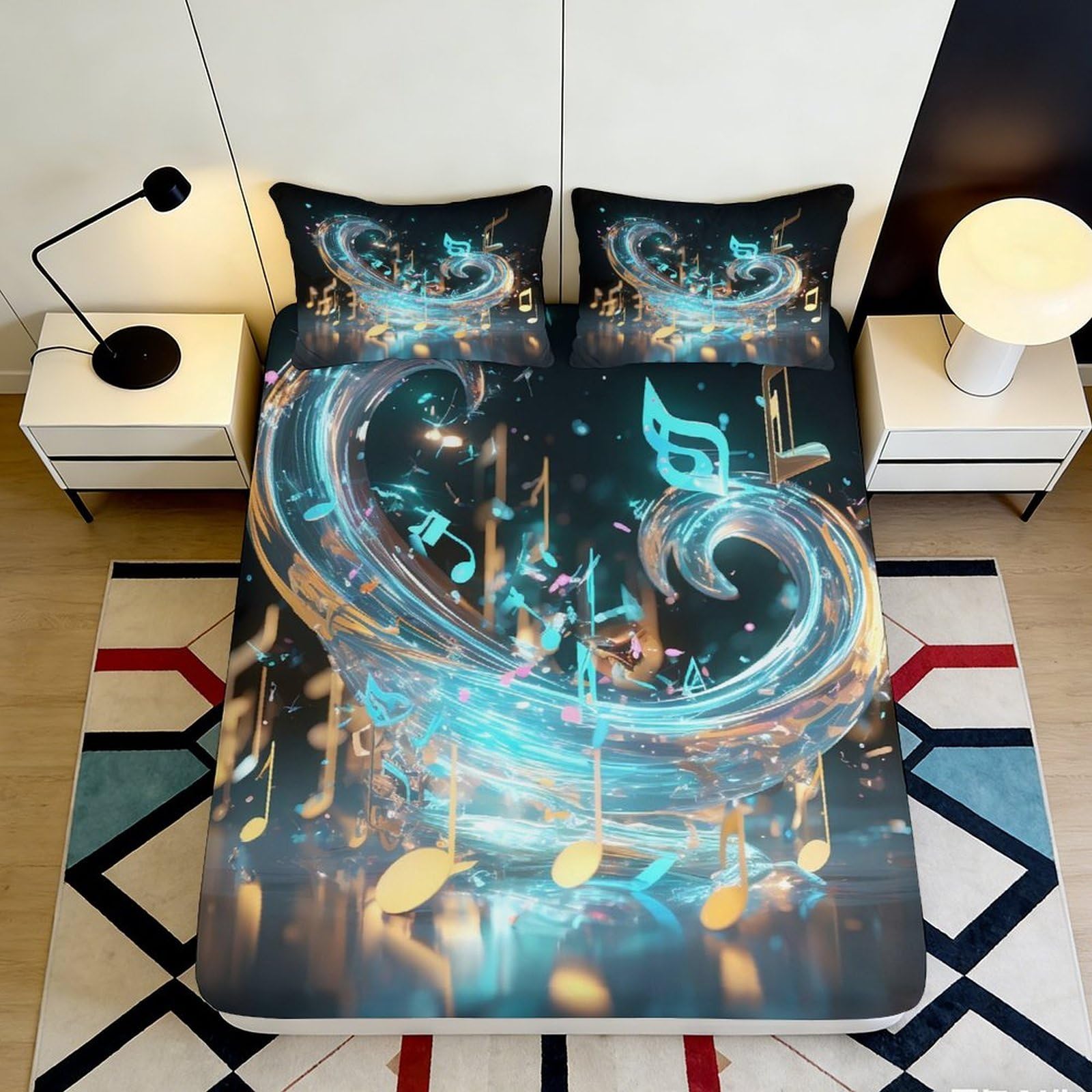 3D Printed Musical Notes Fitted Sheet Microfiber Soft Breathable Swirl Melody Mattress Cover for Bedroom Dorm Mattress Protection Decor 160x200x25cm