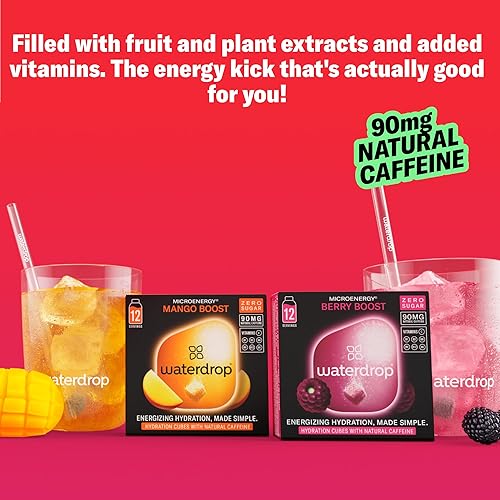 Miniatura 3 de Waterdrop Microenergy Berry & Mango Boost Mix - 24 cubos de hidratación con cafeína natural (90 mgporción), sin azúcar, veganos, enriquecidos con