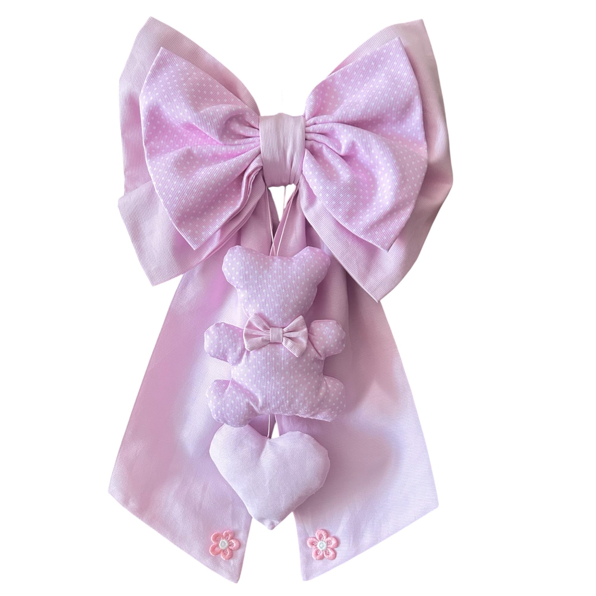 Fiocco Nascita in tessuto di Cotone, con Orsetto e Cuore, 30x50 cm, Decorazione Artigianale (Rosa)