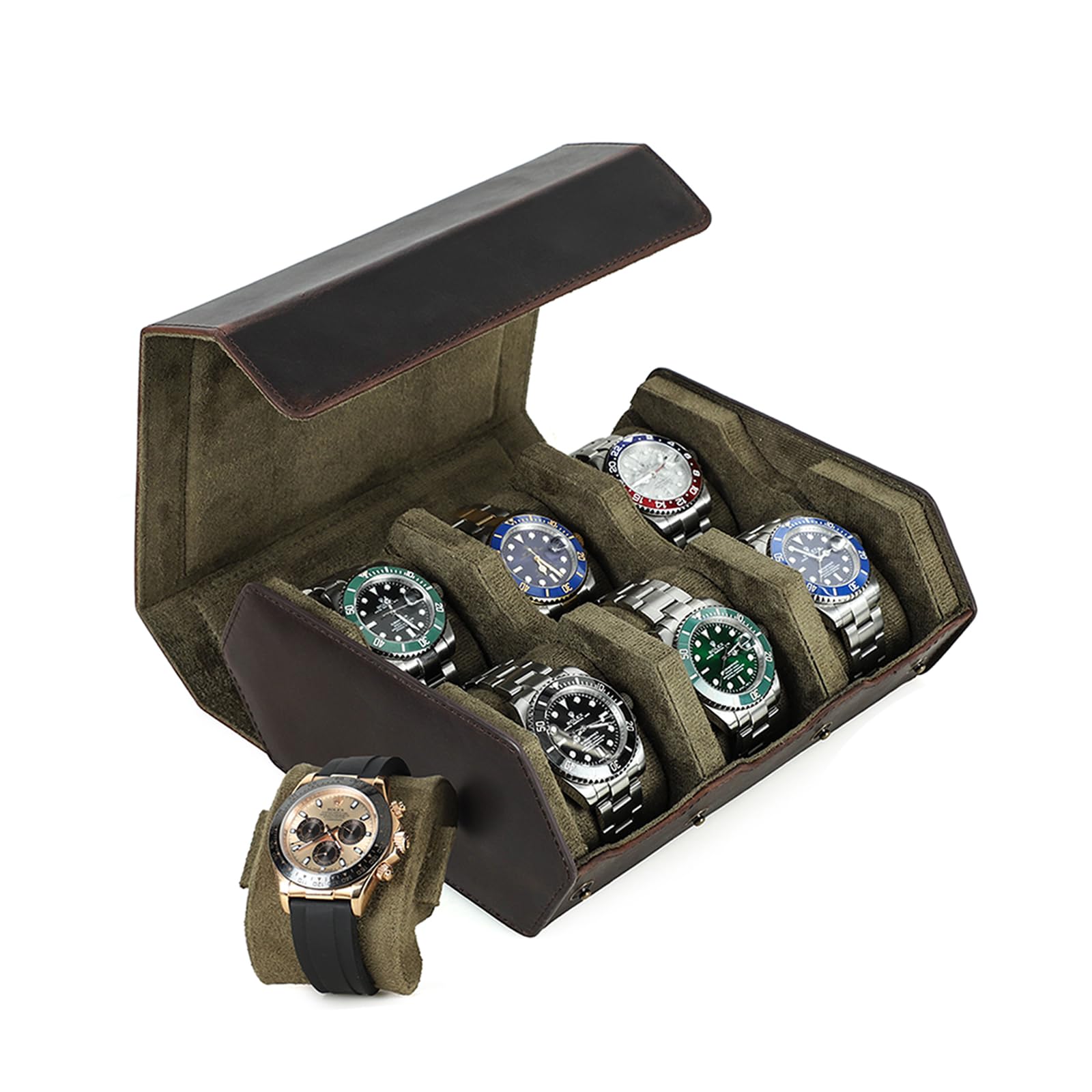 HVMBEUGOS Hiram Leather Watch Case Genuine Leather Hexagon Watch box for 6 Watches, 6-Slot Watches Protective Storage Case Watch Organizer for Men (Coffee)