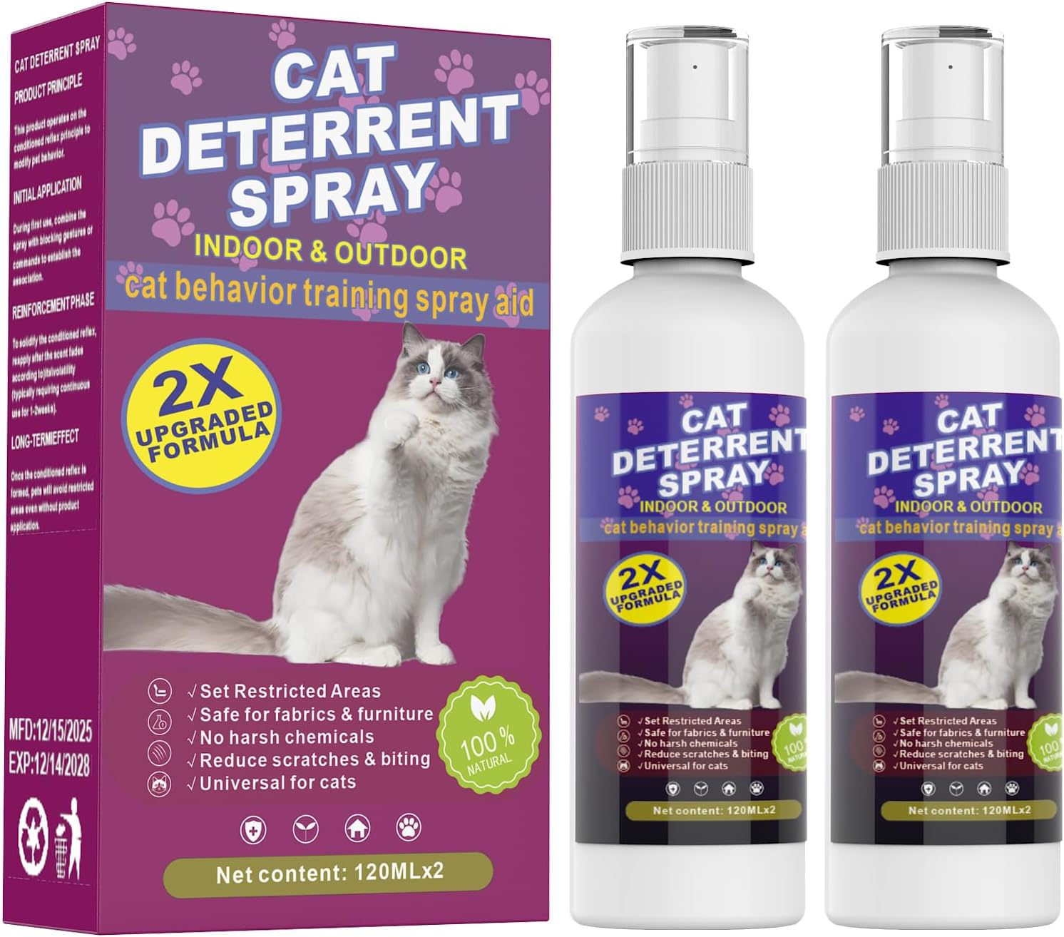 Cat Deterrent Spray for Indoor and Outdoor, Cat Repellent Spray for Furniture Protection, Anti Cat Scratch for Sofas or Carpet, Natural Ingredients, 4.06 oz (Pack of 2)