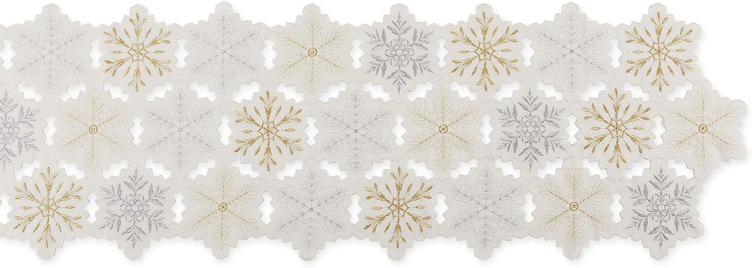 DII Embroidered Holiday Table Décor Collection Christmas Kitchen, Snowflakes Table Runner, 14x54, Silver & Gold