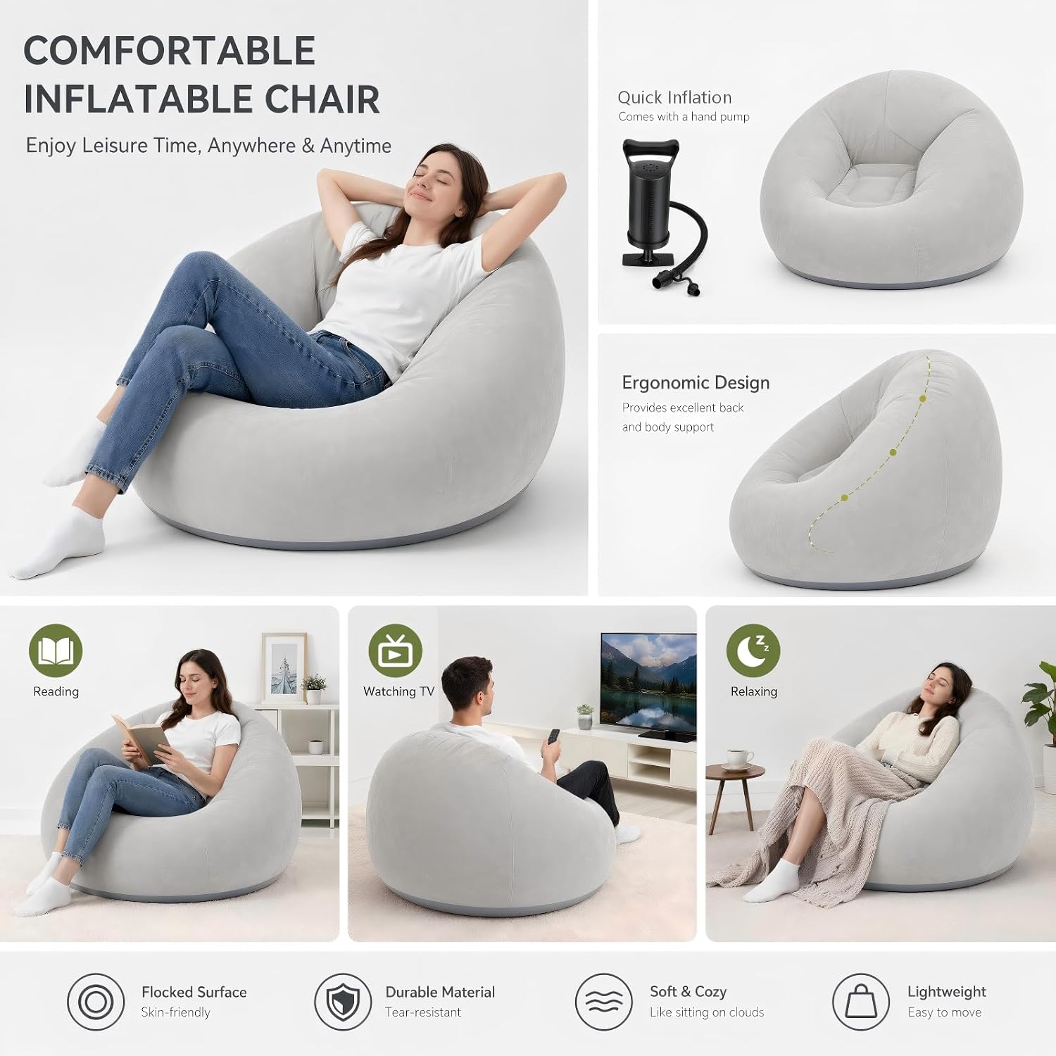 Inflatable Bean Bag Chair with Hand Pump, Portable Lounge Sofa