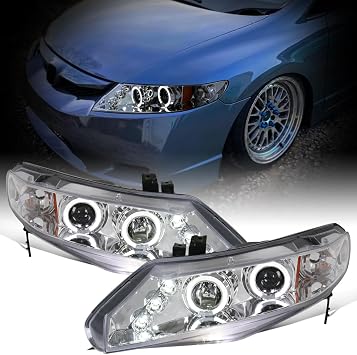 Ronnin - Fits 2006-2011 Honda Civic 4-Door Sedan LED Angel Eyes Dual Halo Rims Projector Headlights Replacement Pair | Chrome