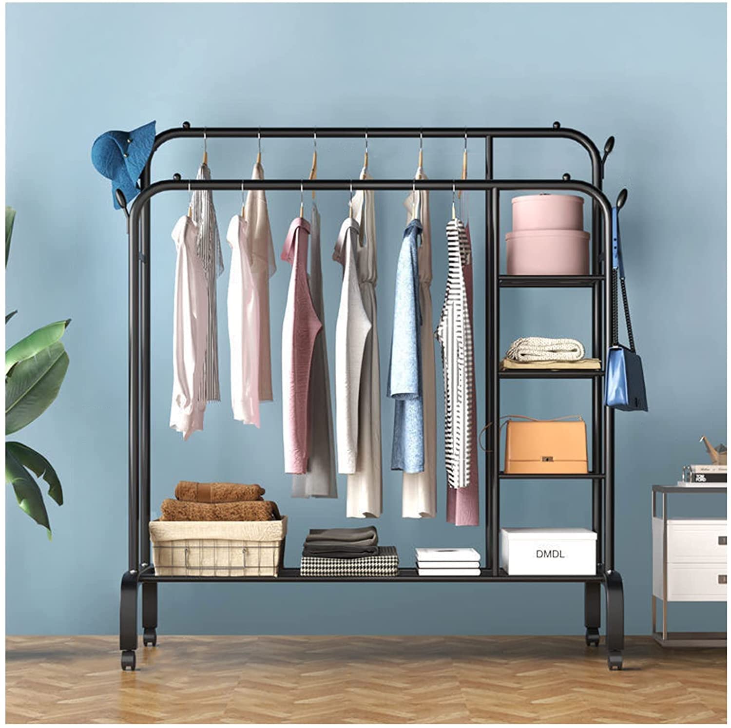 Porte-vêtements double rail suspendu à roulettes noir extensible