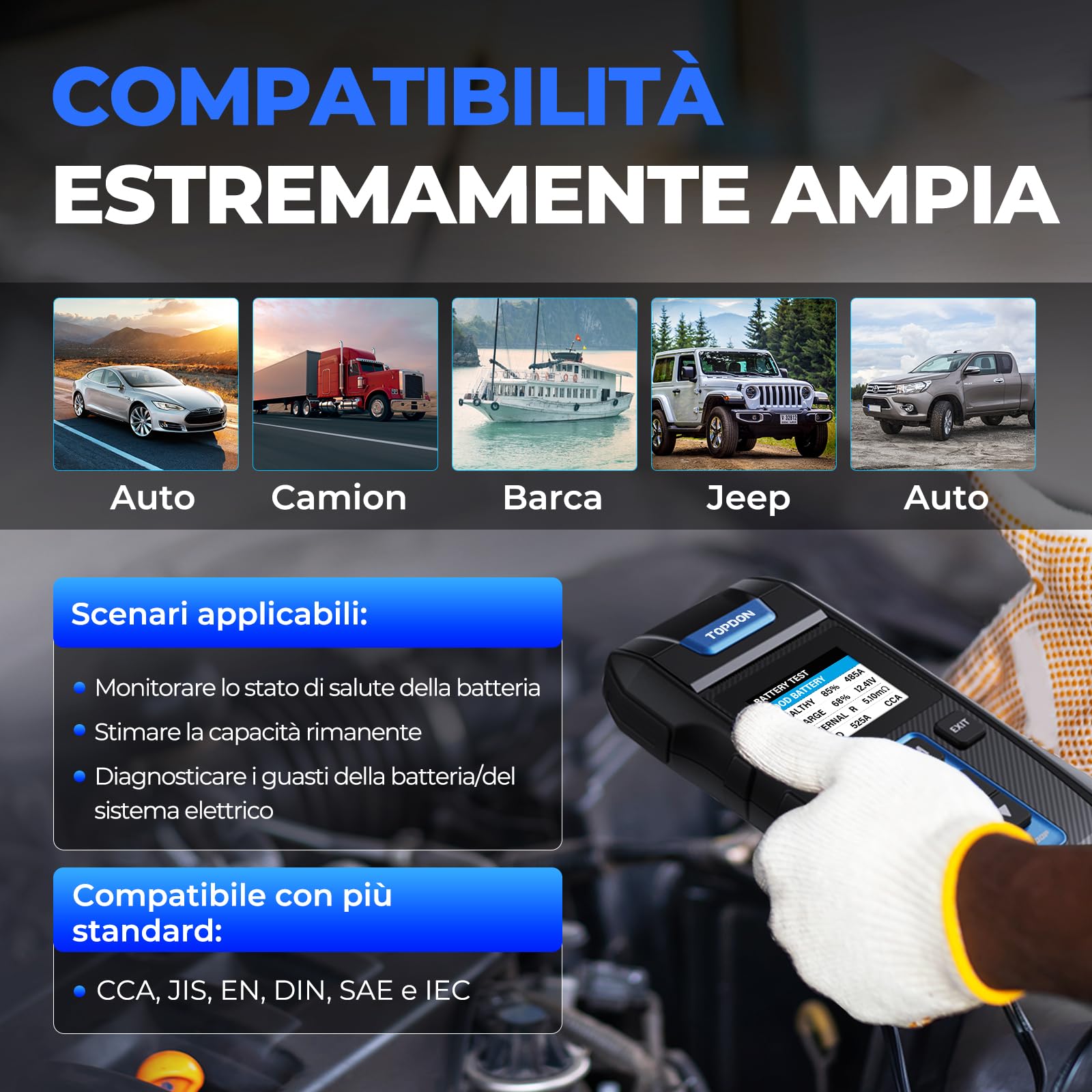 TOPDON Tester Batteria Auto BT300P, 12V 24V 100-2000 CCA Tester per Batterie con Stampante Incorporata, per Test Batterie/Caricabatterie/Sistemi di Ricarica, Adatto per Auto/Solidi/Autocarri Leggeri