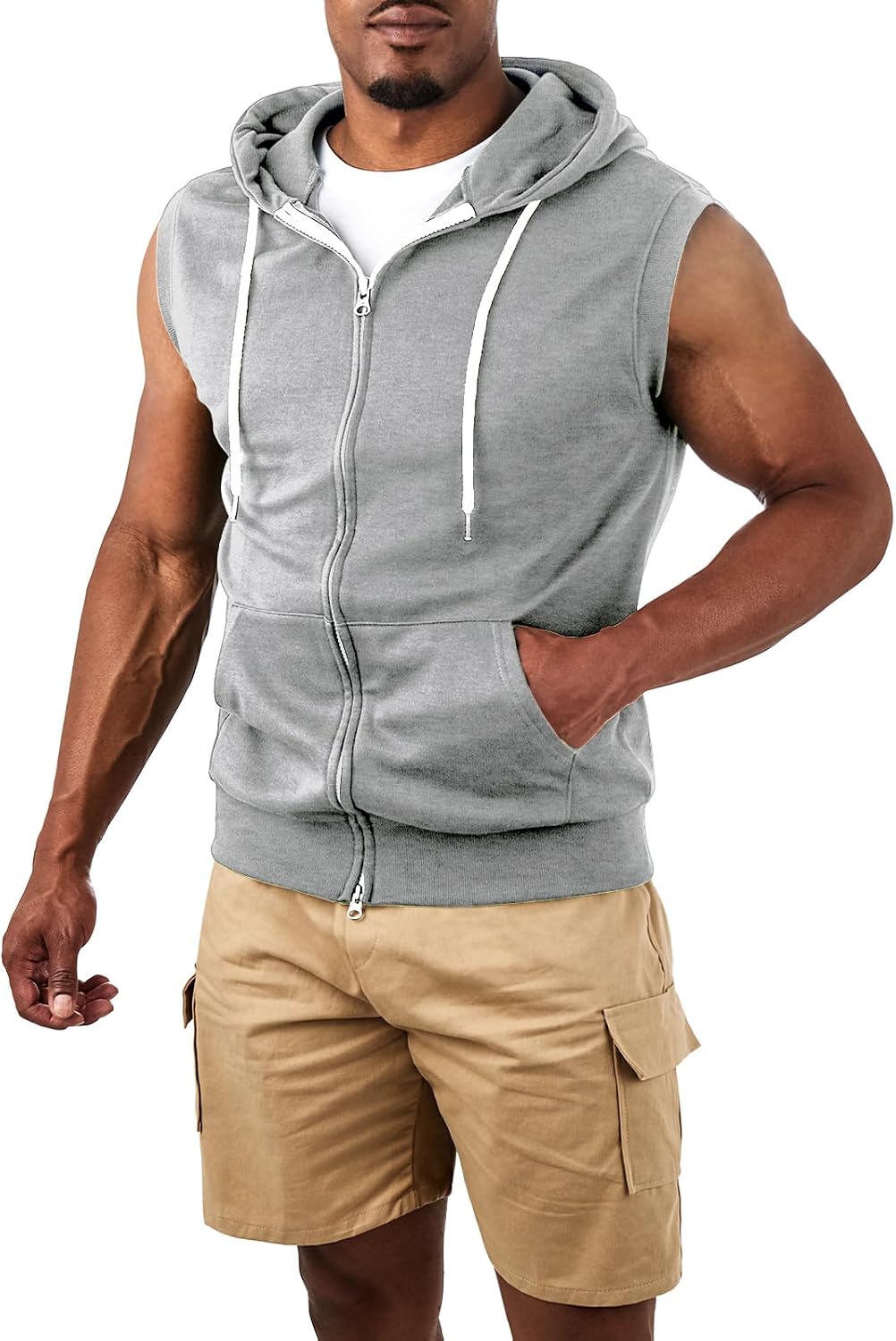 Ohoo Mens Slim Fit Sleeveless Lightweight Zip Up Hooded Sweatshirt Vest Hoodie