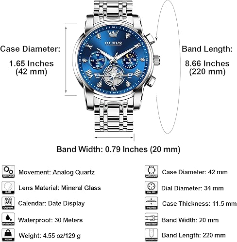 Miniatura 6 de OLEVS Reloj cronógrafo de acero inoxidable para hombre, cara grande, fácil de leer, números romanos con detalles de diamante, relojes de vestir