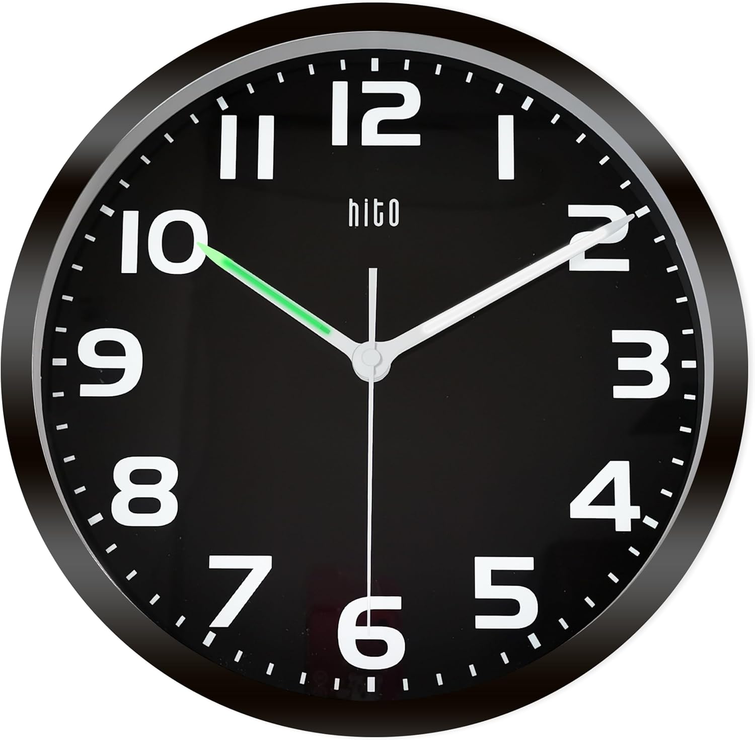 HITO 10 Inch Night Light Wall Clock Battery Operated Brightness Adjustable, Black Metal Frame, Glass Cover(Hands + Numbers Illuminate)