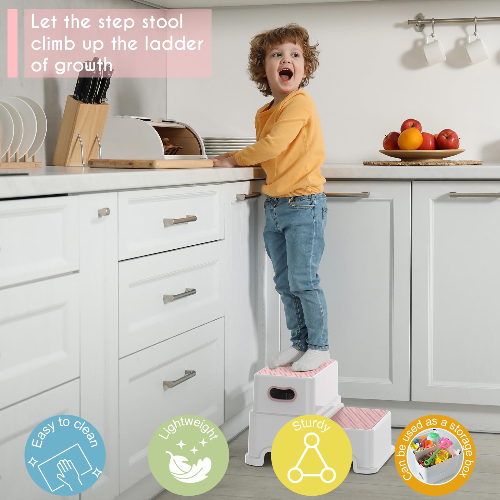 Victostar 2-Tritthocker für Kinder, rutschfest, stabil, für Kleinkinder, 2-stufig, für Toiletten-Töpfchentraining, Badezimmer, Küche (rosa)