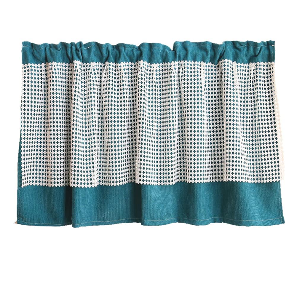 Cortina corta opaca térmica de rayas con elegante crochet blanco para ventana de dormitorio