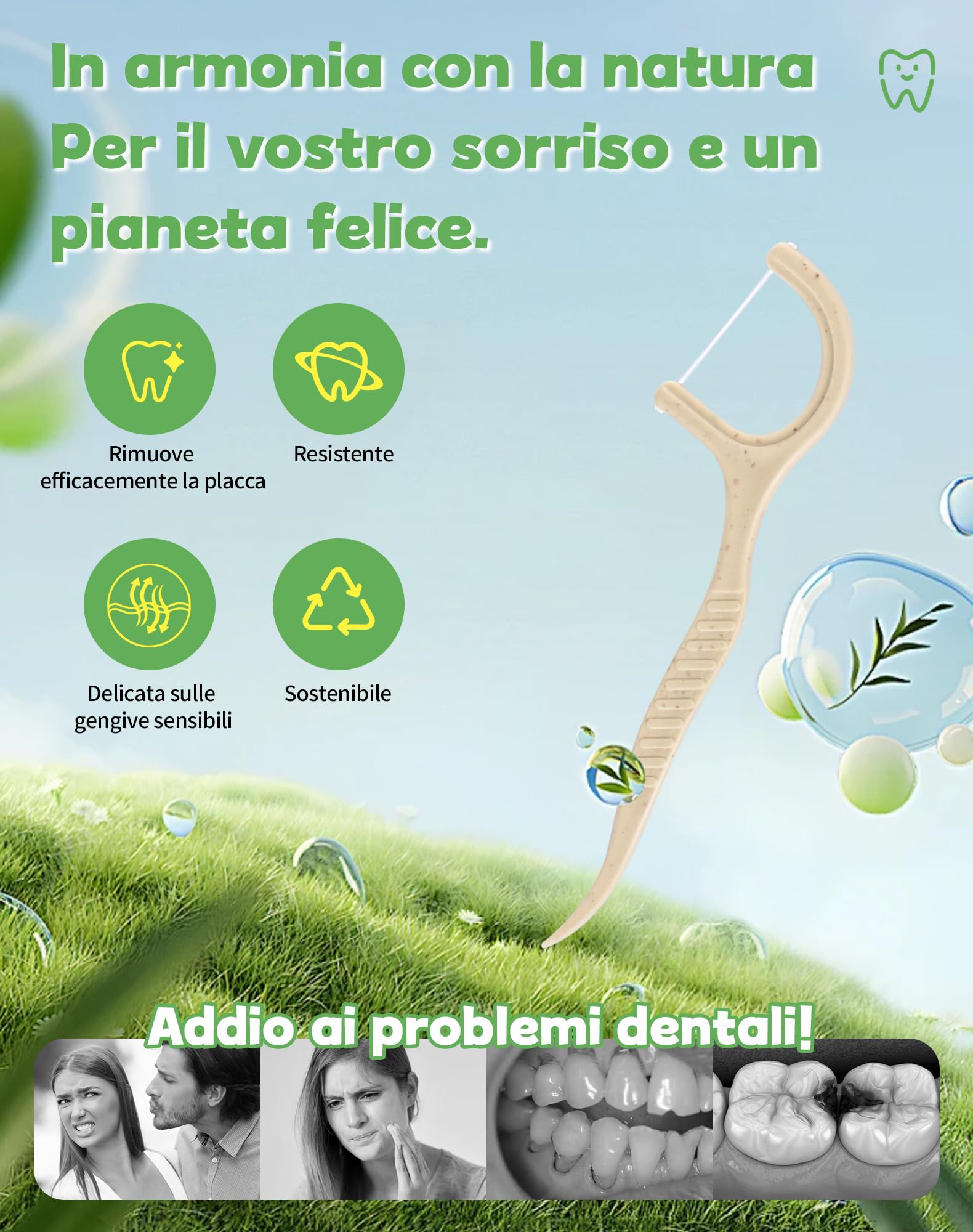 300x filo interdentale ecologico archetti filo interdentale senza plastica forcelle interdentali biologico Bastoncini filo interdentale in Mais e paglia naturale dental floss picks (6x50)