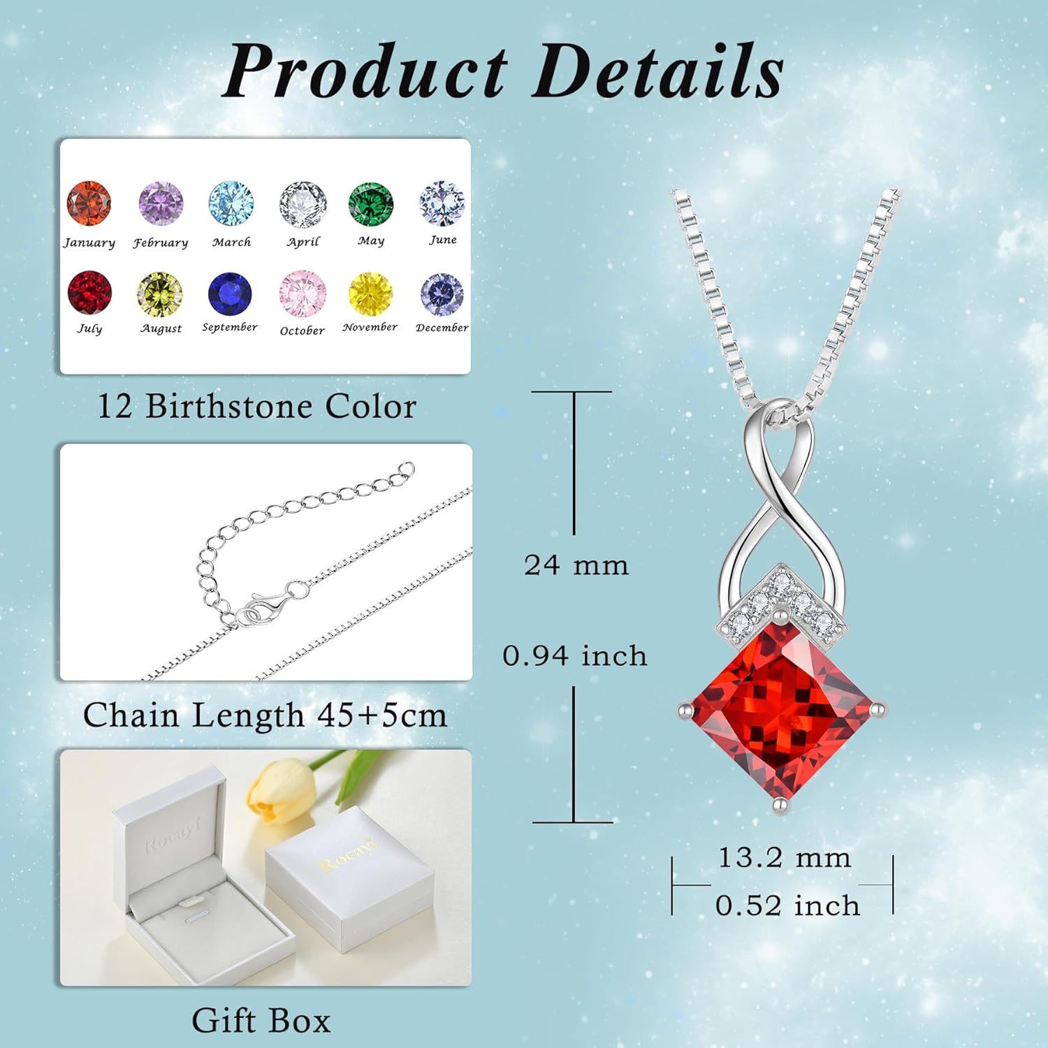 Garnet Jewelry Set 925 Sterling Silver Infinity Princess Cut Necklace and Earrings Set January Birthstone Jewelry for Women - Image 6