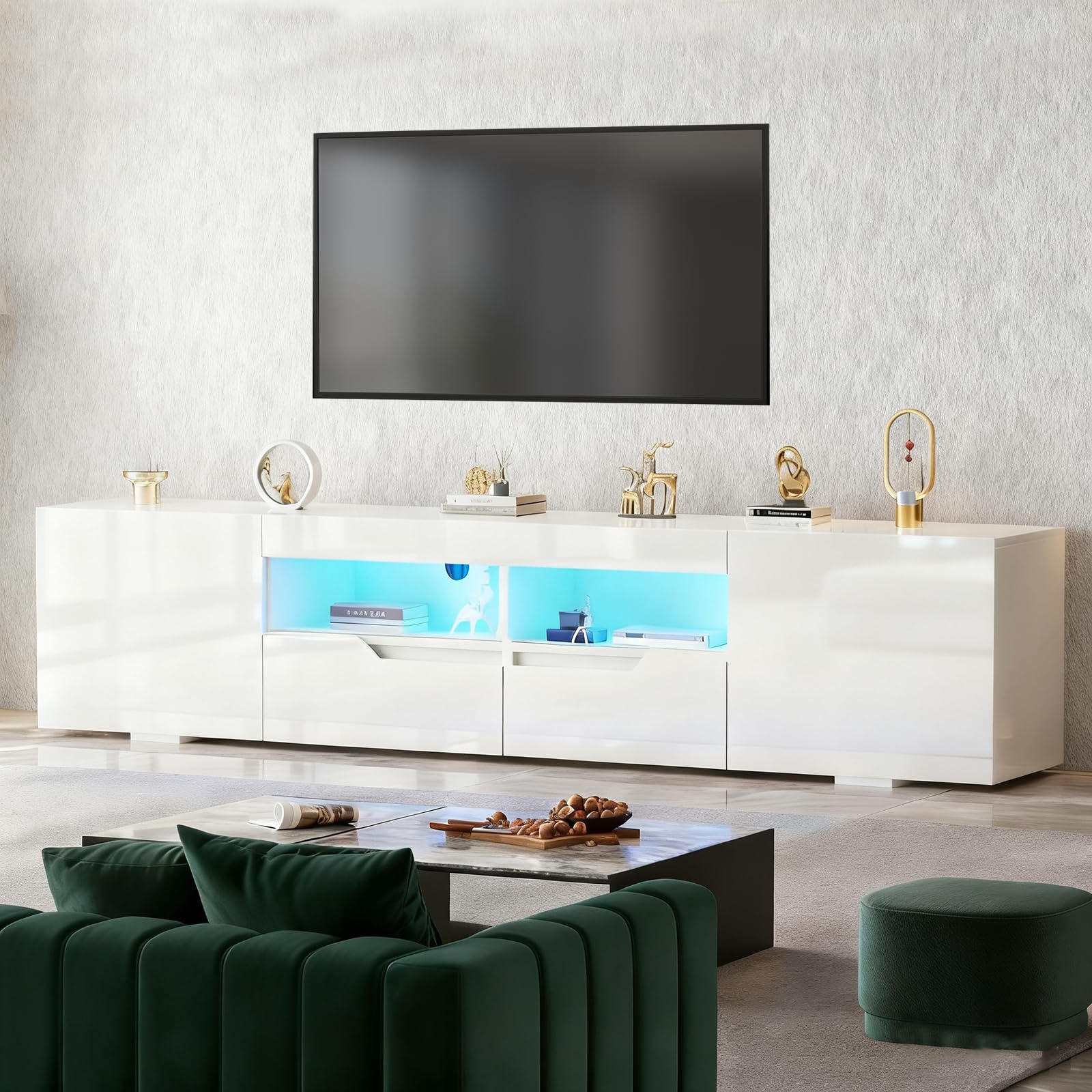 Hochglanz TV-Schrank, TV Lowboard mit Doppel-Schublade und 16 LED Farben Beleuchtung, Fernsehtisch für 65–85 Zoll Fernseher, Griffloses TV Möbel Schränken Für Wohnzimmer Schlafzimmer (Weiß)