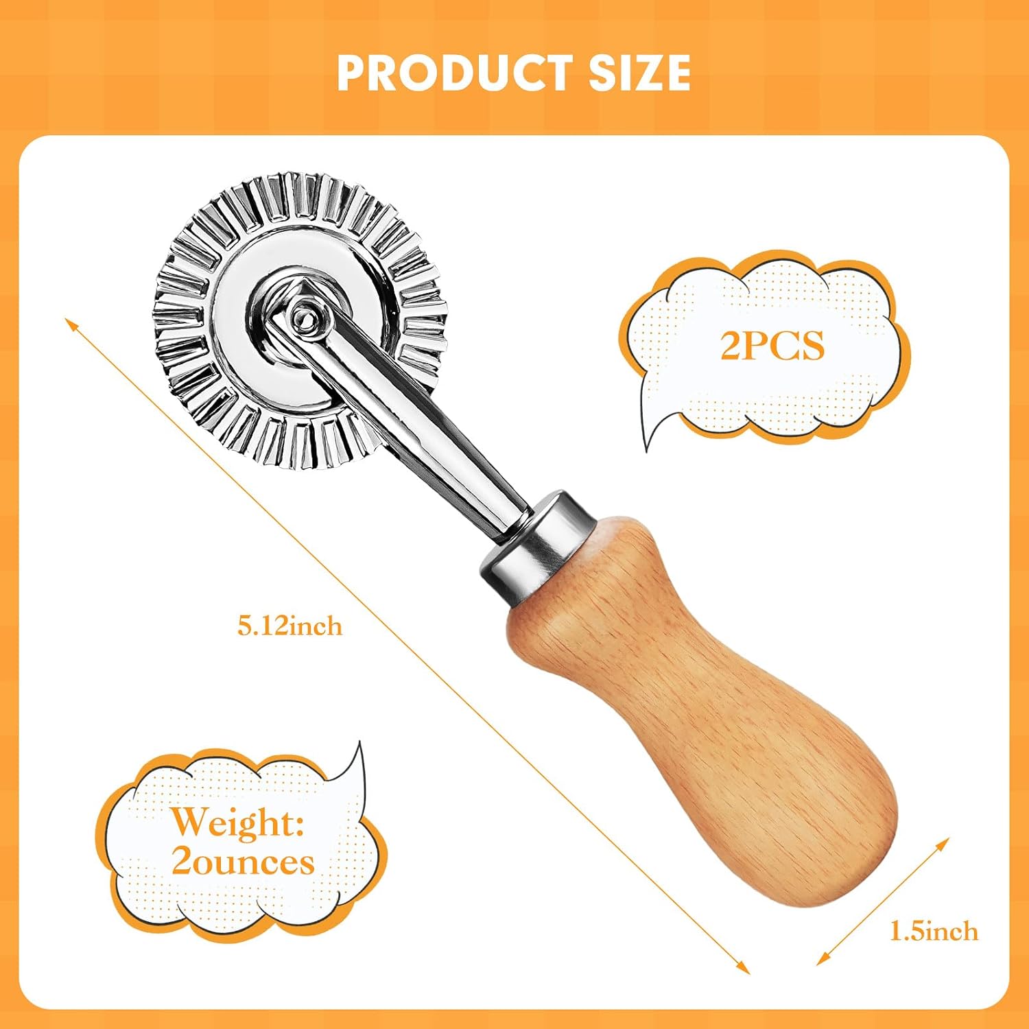 2Pcs Pasta Cutter Wheel Stainless Steel Fluted Pastry Ravioli Cutter Wheel with Wooden Handle Pastry Crimper for Home Kitchen