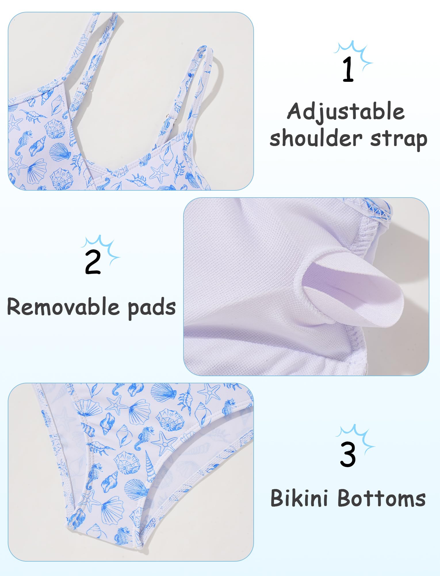 Maeau Grils - Traje de baño de verano floral de 3 piezas, brasier acolchado, conjunto de bikini para niñas con cordón de malla, ropa de playa