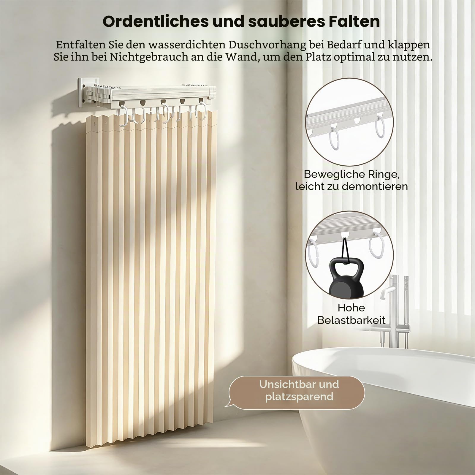 Faltbare Duschvorhangstange ohne Bohren 1,8x2m, 4/5-Fach Faltbarer Duschvorhang mit Stange Wasserdicht, L-Form/U-Form/Gerade Verstellbar, Platzsparend für Kleine Badezimmer, Wohnmobile