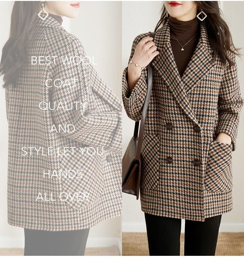utcoco Womens Notched Lapel Pea Coat Double Breasted Blazer Jackets Houndstooth Woolen Blend Overcoat with Pockets - Image 3
