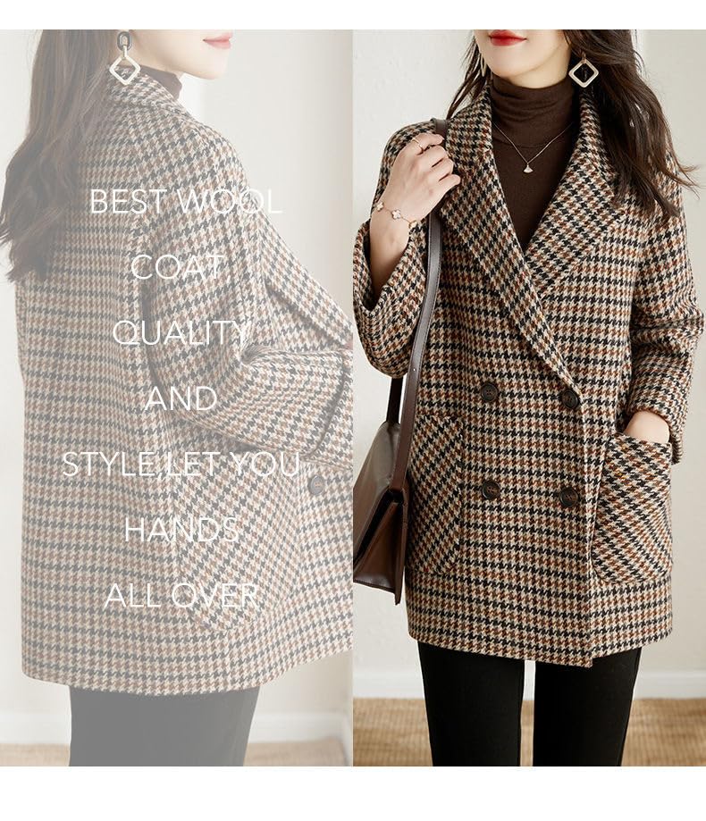 utcoco Womens Notched Lapel Pea Coat Double Breasted Blazer Jackets Houndstooth Woolen Blend Overcoat with Pockets3