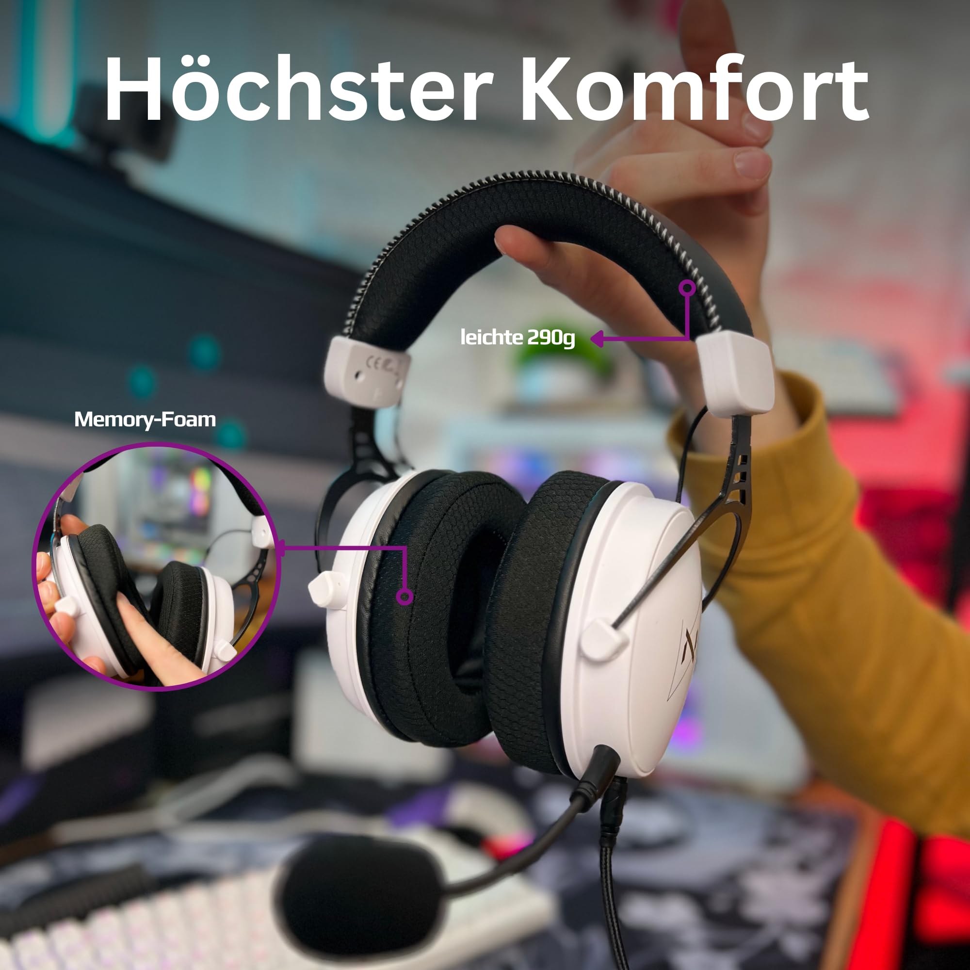 Nyfter - Premium zestaw słuchawkowy gamingowy 02/2024 Surround Sound Earpad z pianką memory do gier PC, Xbox, telefonów, PS, Switch, Xbox.