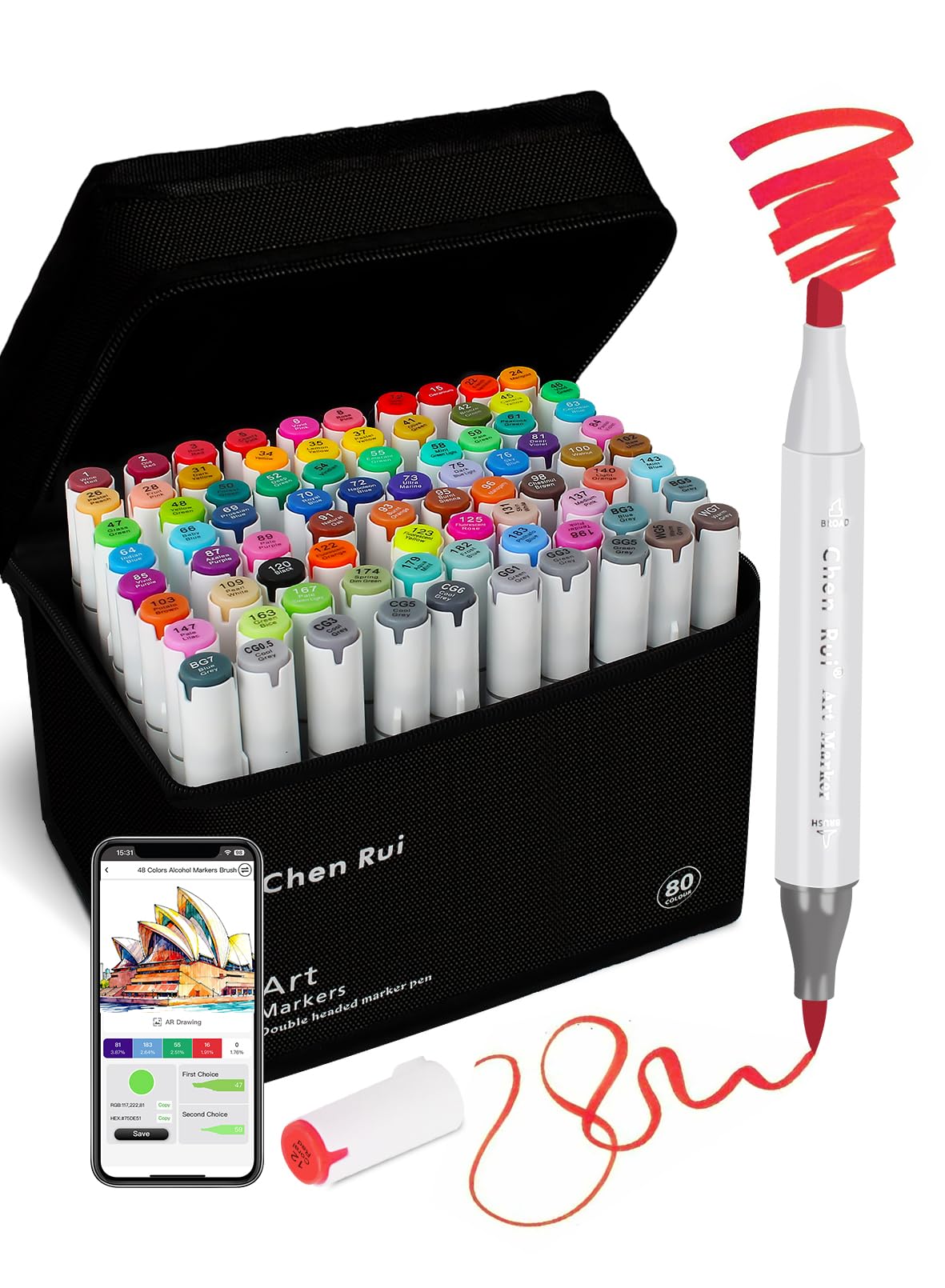 Chen Rui 80 Colours Alcohol Markers Brush Tip with Free App,Dual Tips Blender Colouring Pens for Adults, Alcohol Based Markers Dual Tips for Painting, Sketching, Drawing