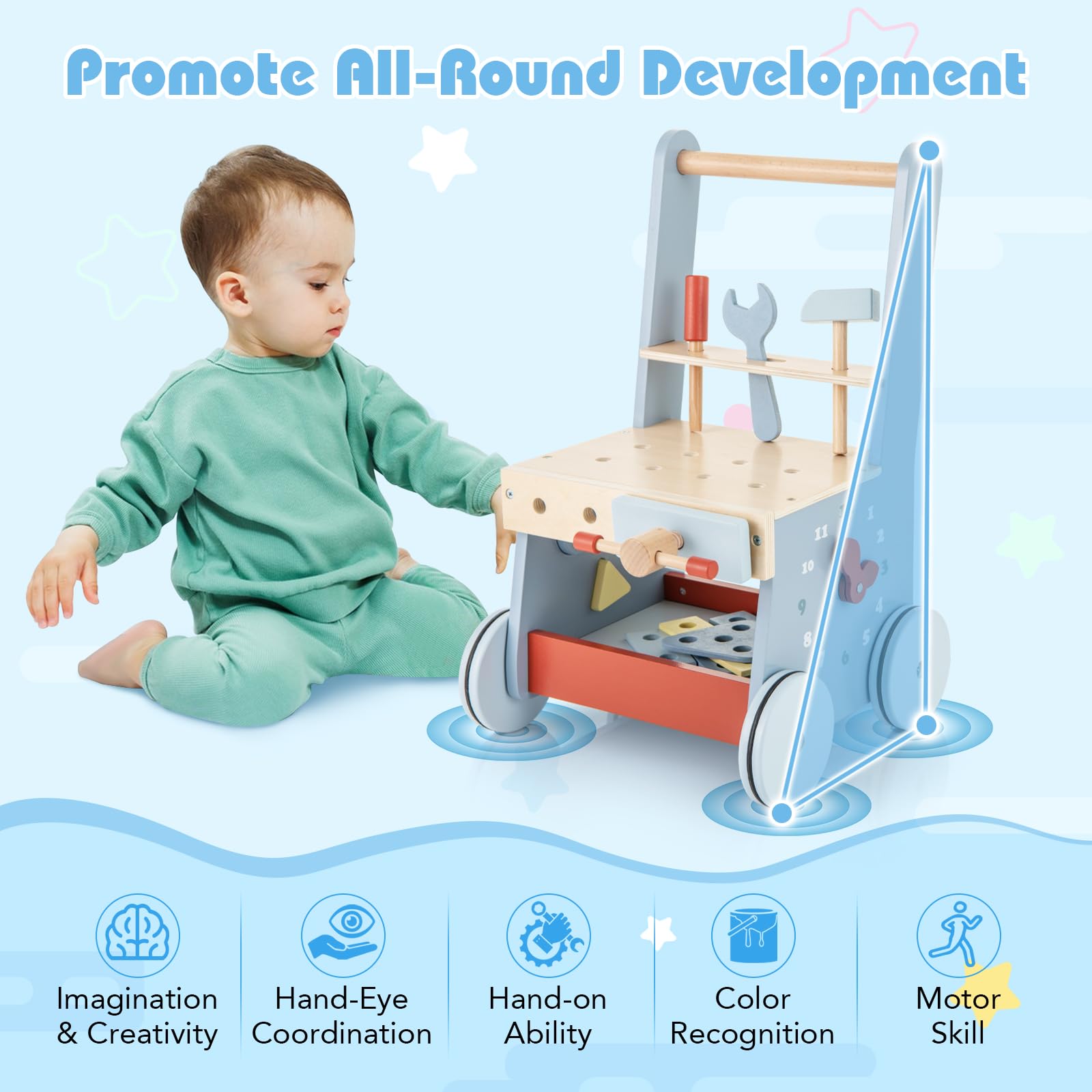 FANTASK Montessori, carrello 2 in 1, girello in legno, tavolo da lavoro per bambini a partire da 1 anno