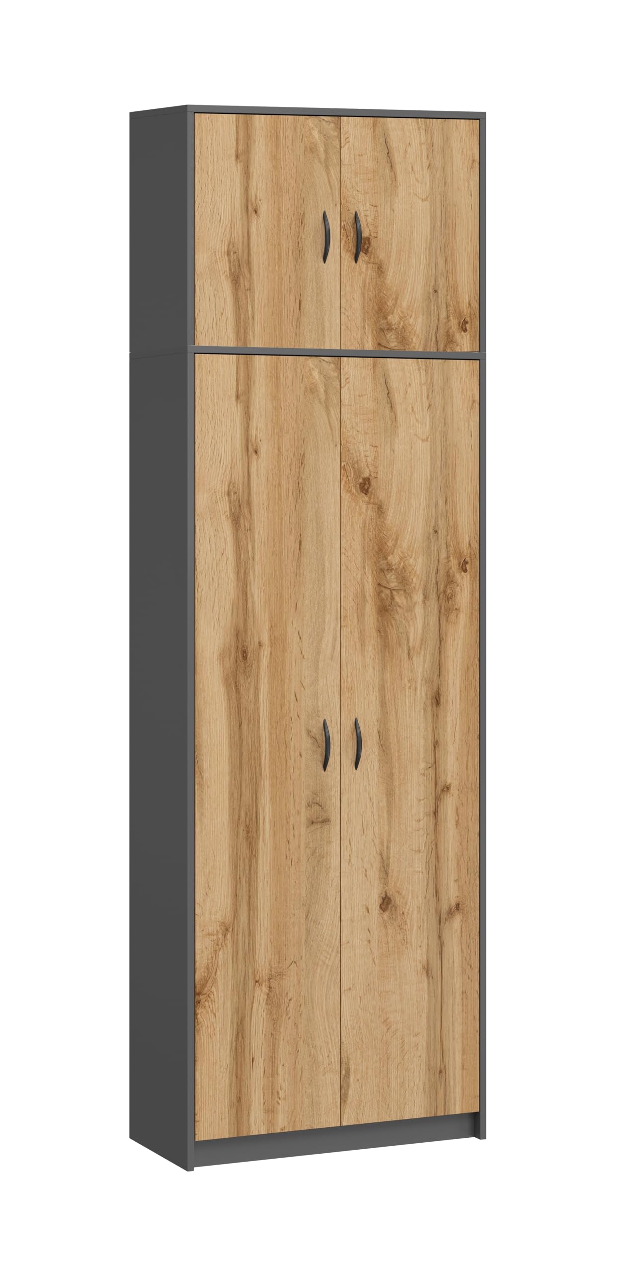 Armario Alto de Oficina, archivador, Armario con 4 Puertas y 7 Compartimentos, Armario Multiusos 235 x 74 x 35 cm (Grafito/Roble Wotan)