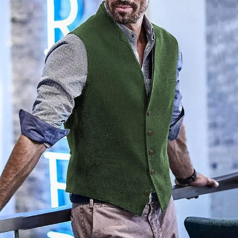 Aesido Gilet da uomo Slim Fit a spina di pesce in lana tweed casual scollo a V Gilet formale per sposi sposi, Borgogna, XS