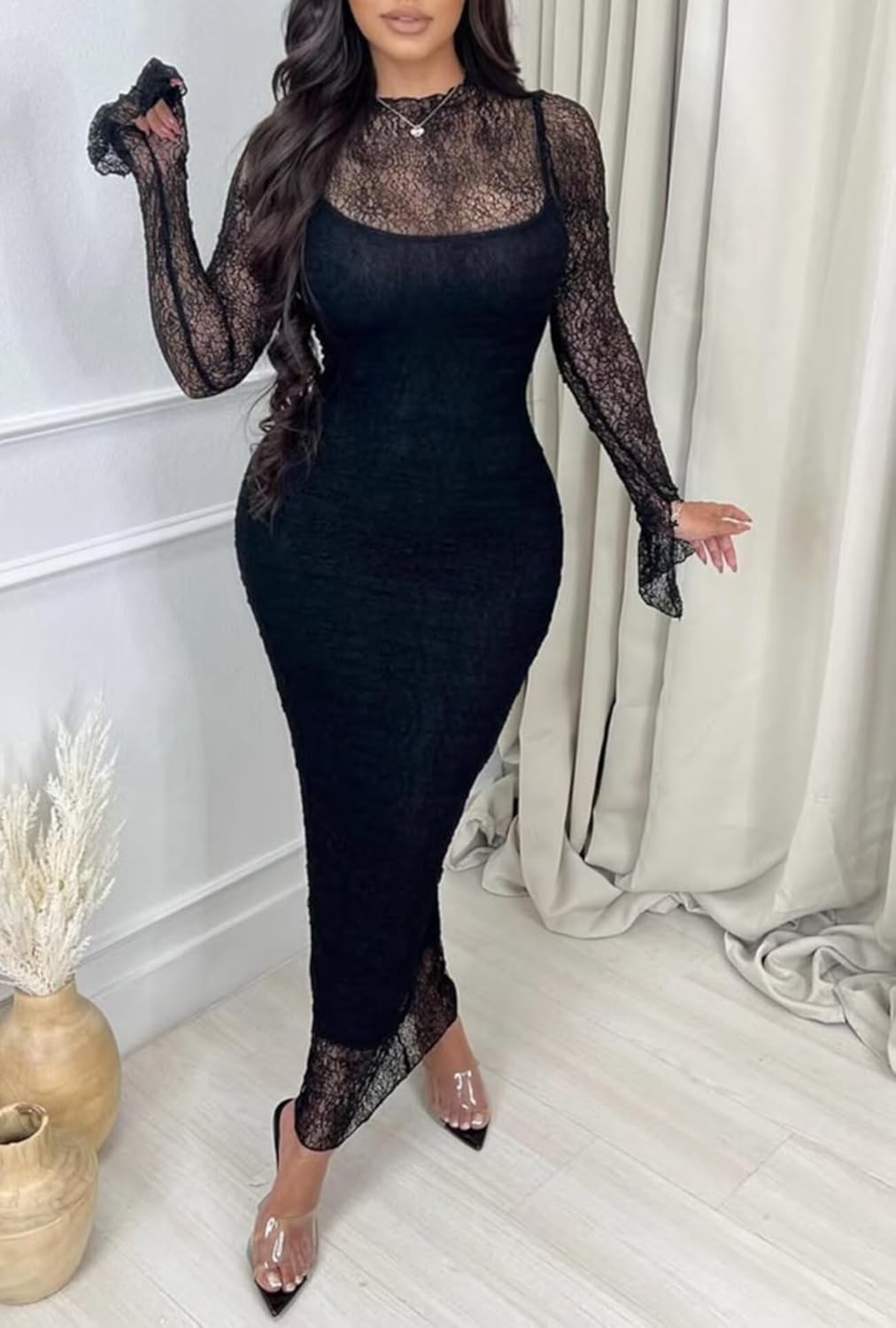 Uni Clau Women's 2 Piece Lace Dress Set Elegant Bodycon Midi Dress Birthday Party Wedding Guest Dresses - Image 5