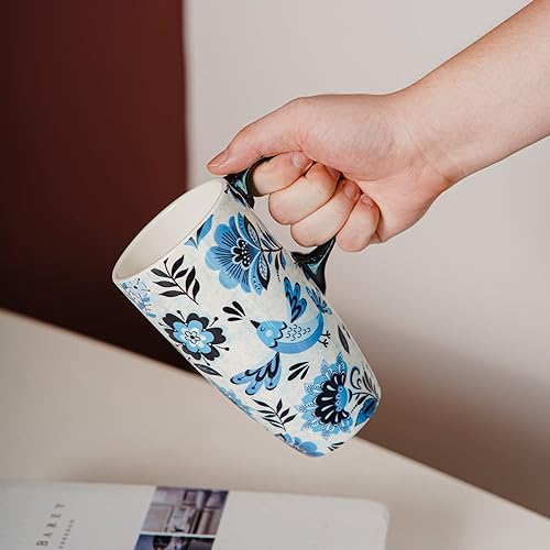 Miniatura 8 de DUSVALLY Taza de café de cerámica, tazas altas de porcelana con tapa y asa, 17 onzas, pájaro
