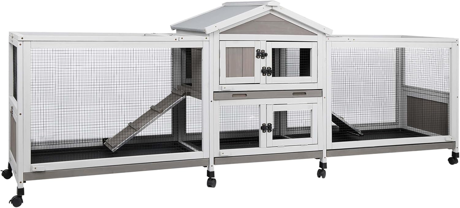 93" Rabbit Hutch Outdoor Indoor with Run Wooden Weatherproof Bunny Cage with 8 Wheels,4 Leak-Proof Trays,Dual Metal Run & Ramp,Small Animal Outdoor Pens & Hutches for 1-3 Rabbits,Guinea Pigs