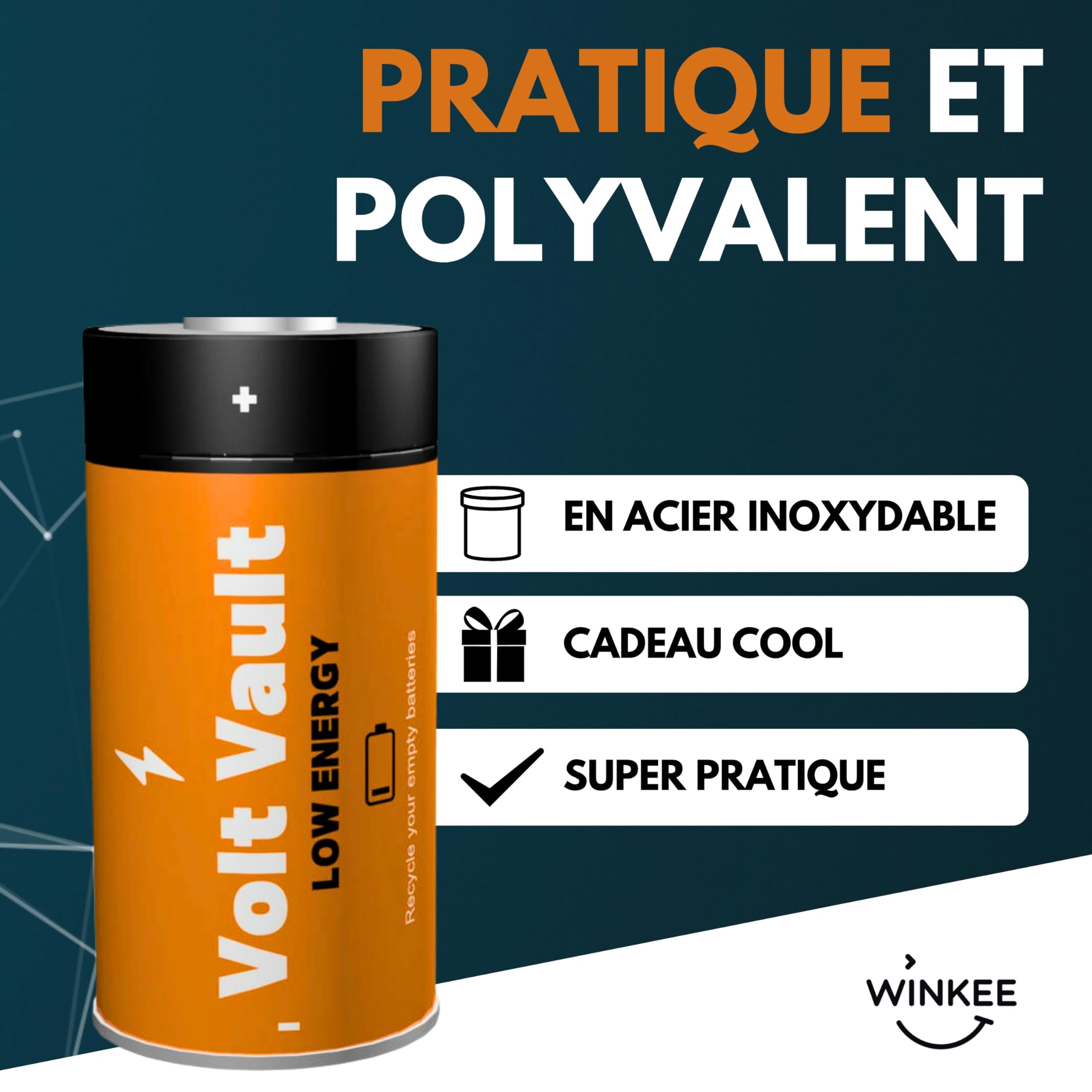 Winkee Boîte Volt Vault - Poubelle de bureau design - Rangement piles usagées - Boîte en métal