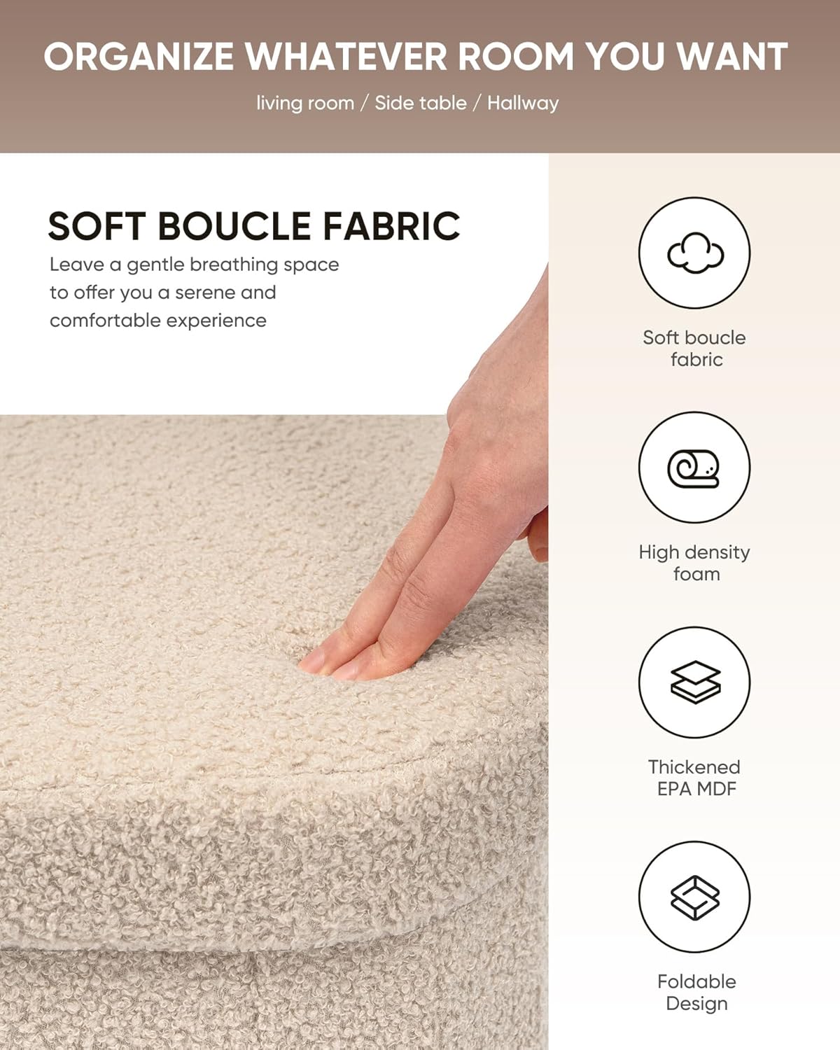 B FSOBEIIALEO Storage Ottoman for Dorm Room, Boucle Folding Storage Ottoman Foot Rest, 16.14 Inches Small Collapsible Ottoman Cube for Living Room Beige - Image 5