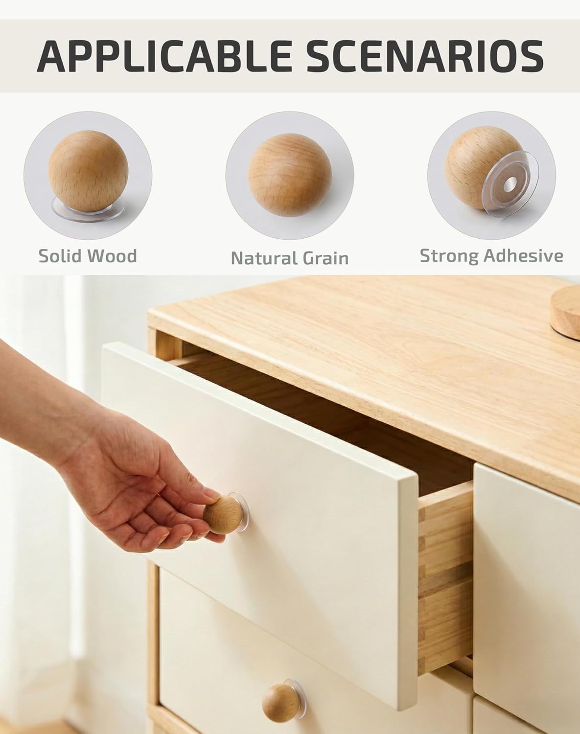 8 Pack Self Adhesive Knobs Wooden Stick On Drawer Pulls Natural Wood Cabinet Knobs Peel and Stick Handles Drill Free Round Ball Wooden Door Pull for Cupboard Closet Nursery Dressers