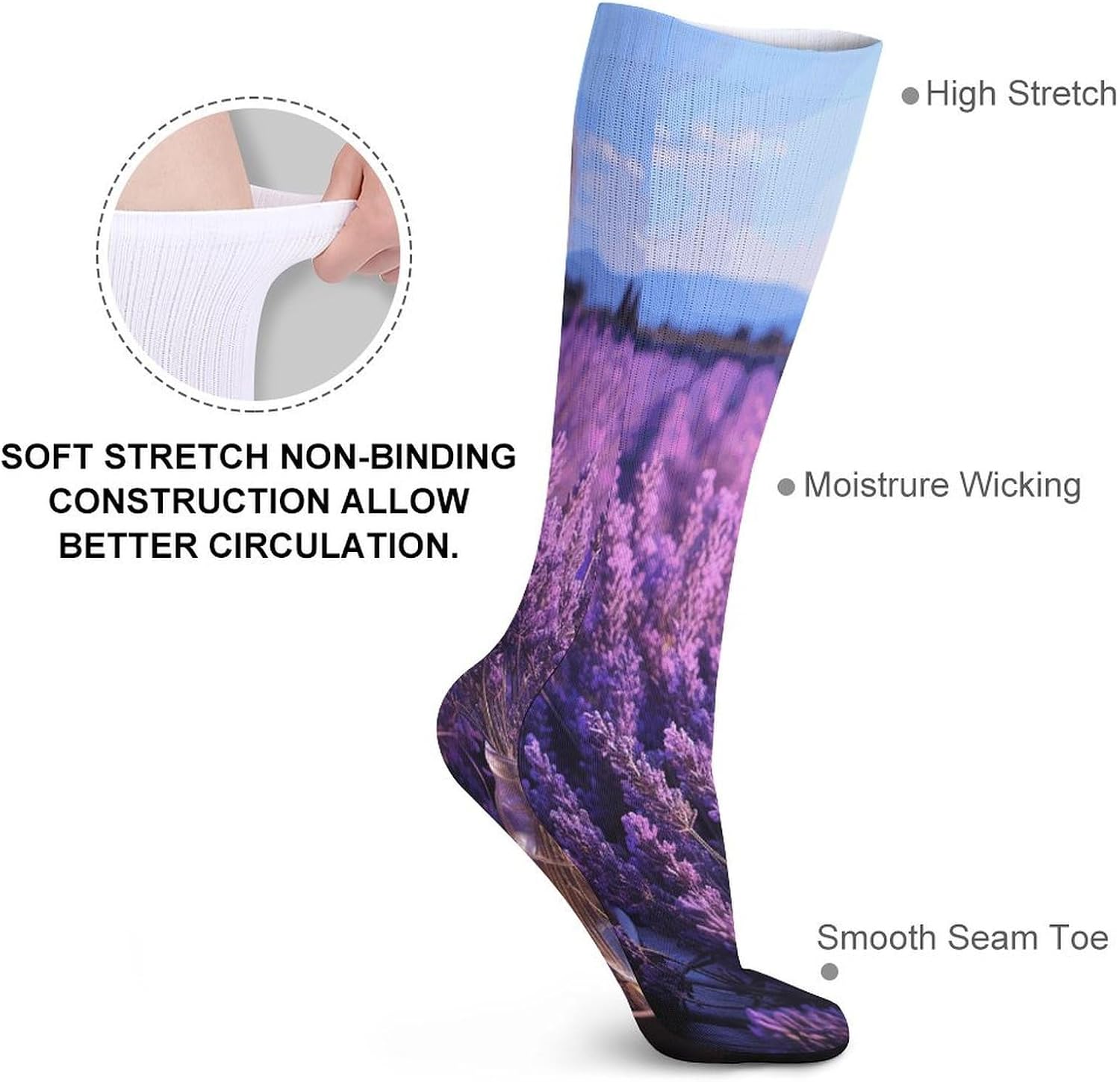 Romantic Lavender Knee High Socks Cozy Knee High Socks Soft Mid-Length Sock for All Seasons Daily Wear Adult