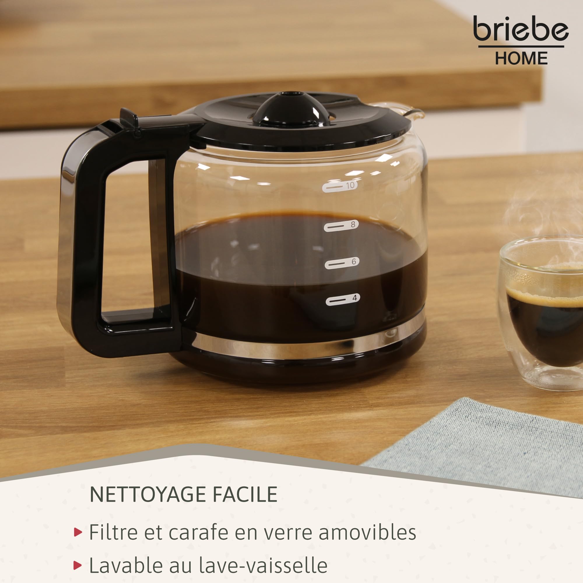 briebe Elegance Ensemble Grille Pain 2 Fentes Tranches Larges + Bouilloire Électrique 1,7 L, 2200W, sans BPA + Cafetière Filtre 10 Tasses, Pack Petit Déjeuner Électroménager, Design Moderne, Noir