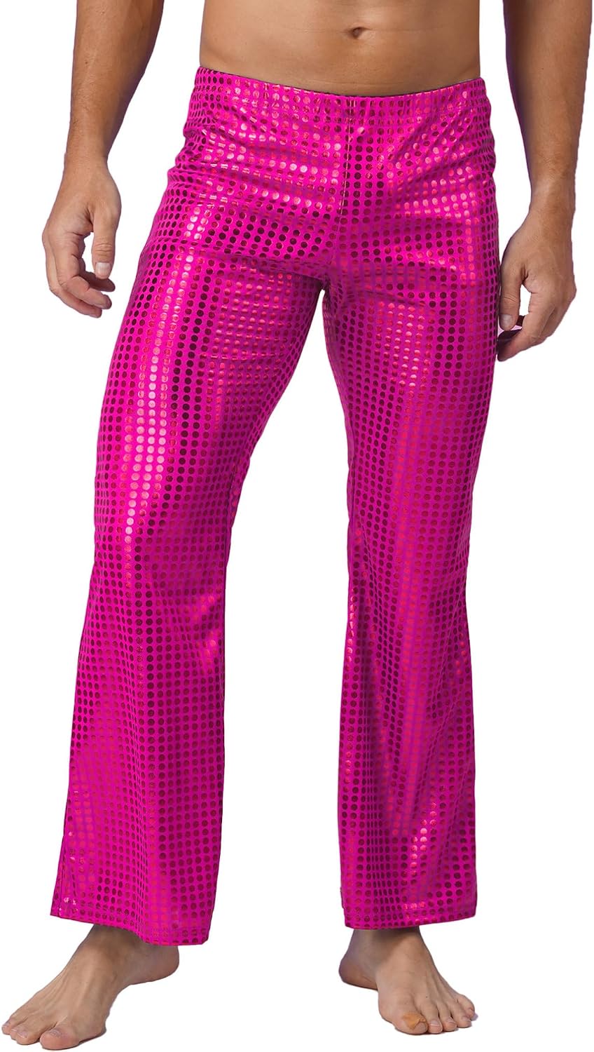 Vxuxlje Men's Shiny Sequin Bell Bottom Trousers Club Stage Performance Disco Dance Long Pants