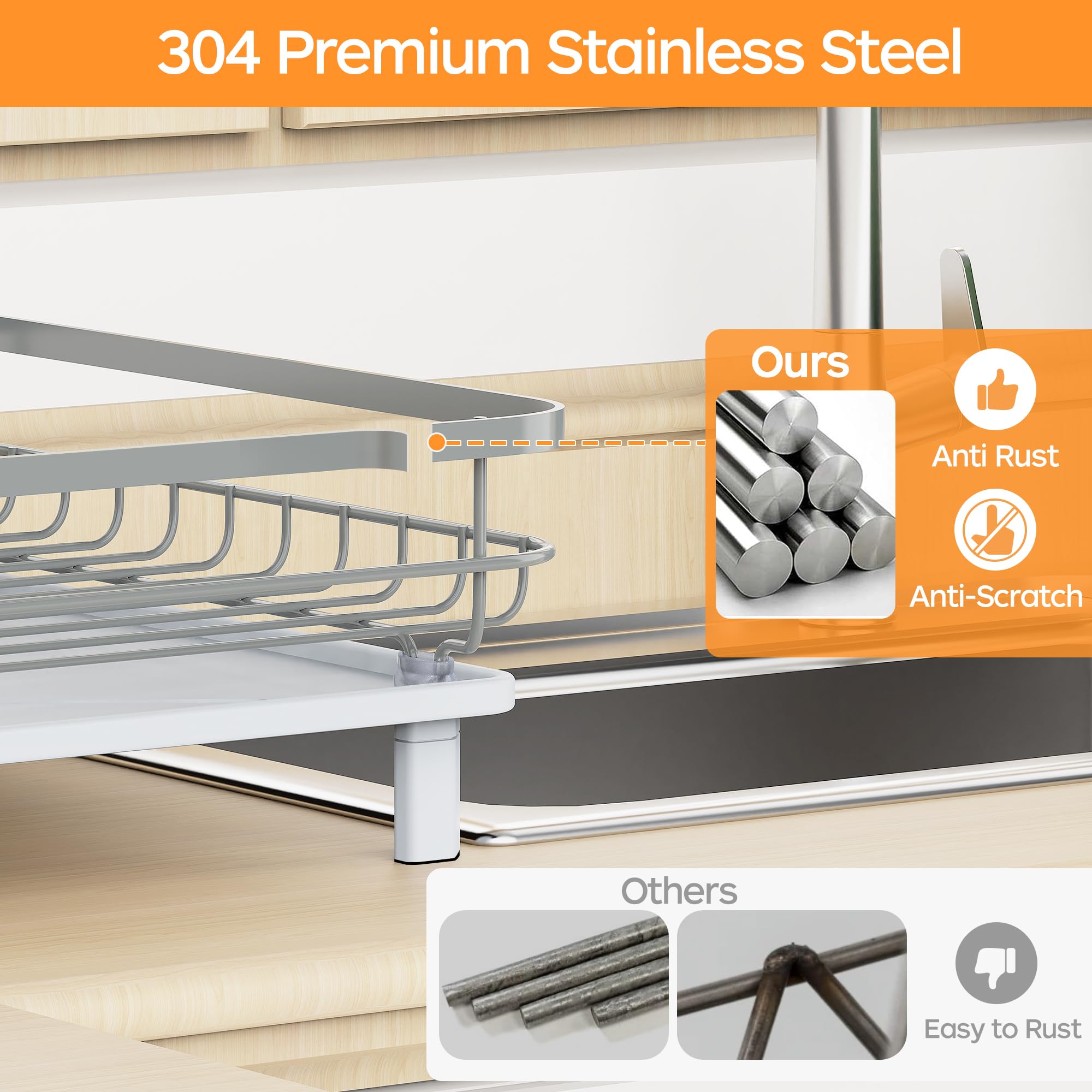 ROTTOGOON Escurreplatos de acero inoxidable para encimera de cocina, escurridor de platos duradero con escurridor, drenaje, soporte para utensilios para varios utensilios de cocina, 16.9 pulgadas de