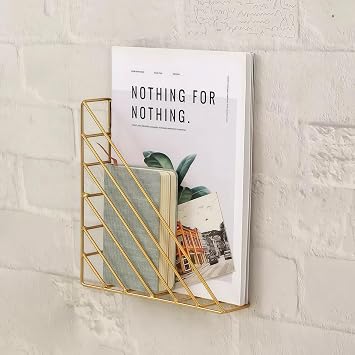 CROISSANT Wall Mounted File Organizer,Metal Magazine Basket, Wall Mounted Magazine Rack, Suitable for Hanging File Folders for Office Living Room golden, 1 Pack