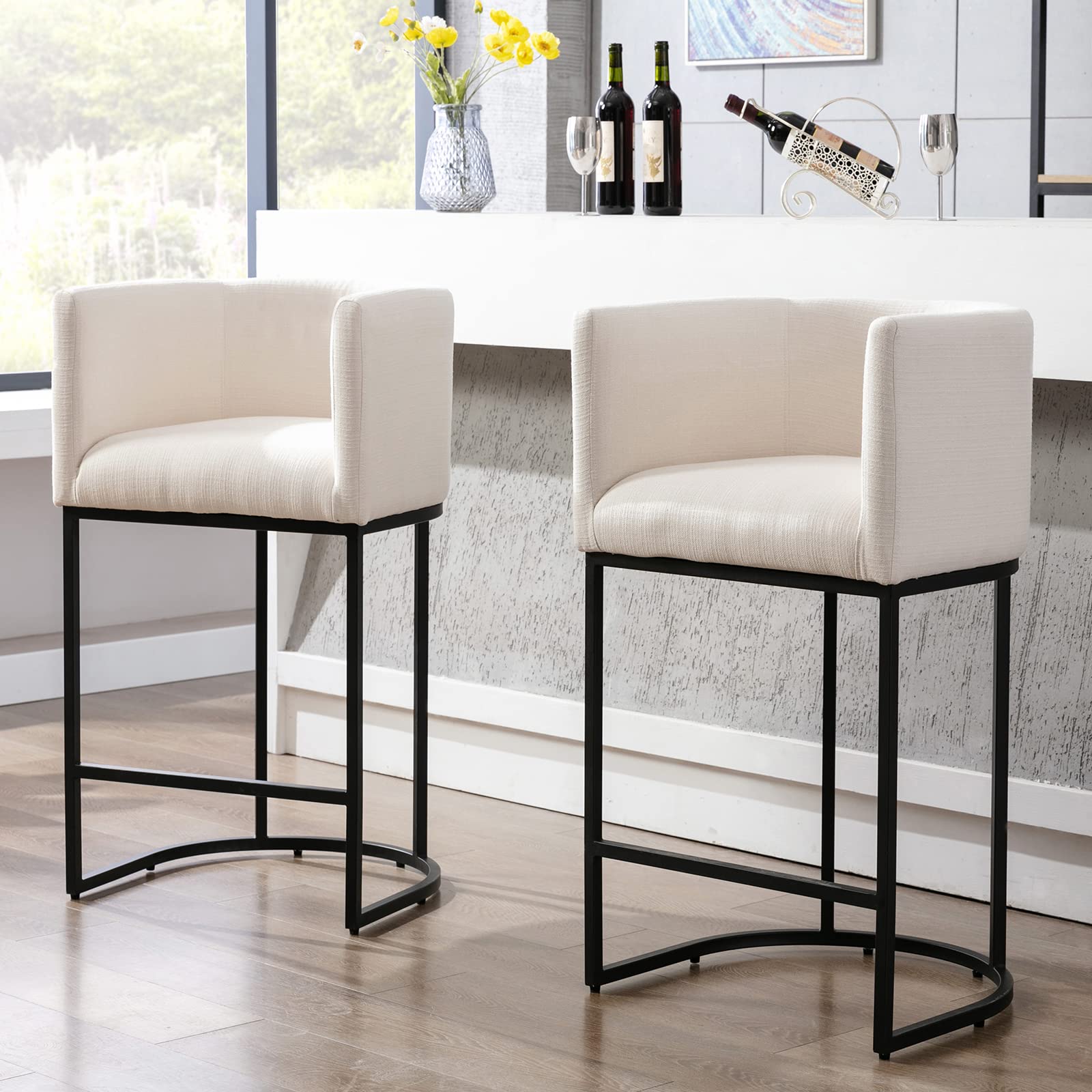 BESTANO Modern Counter Height Linen Upholstered Bar Stools Set of 2, 29" Kitchen Counter Island Stools Bar Chairs with Black Metal Frame for Kitchen