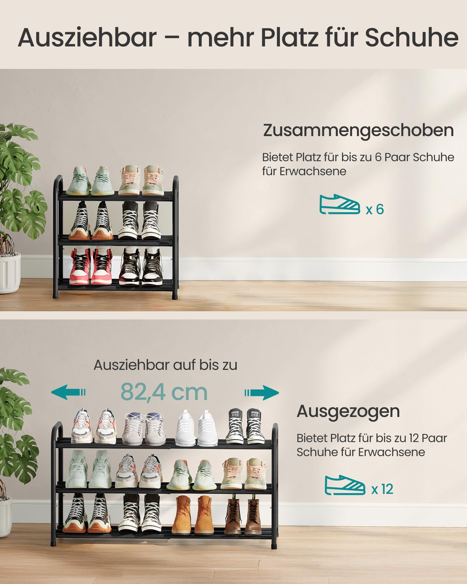 SONGMICS Schuhregal ausziehbar, Schuhablage, Schuh-Organizer mit verstellbaren Ablagen, Schuhaufbewahrung aus Metall, für Flur, Ankleidezimmer, Wohnzimmer, 3 Ebenen, tintenschwarz LMR036BD01 - 4