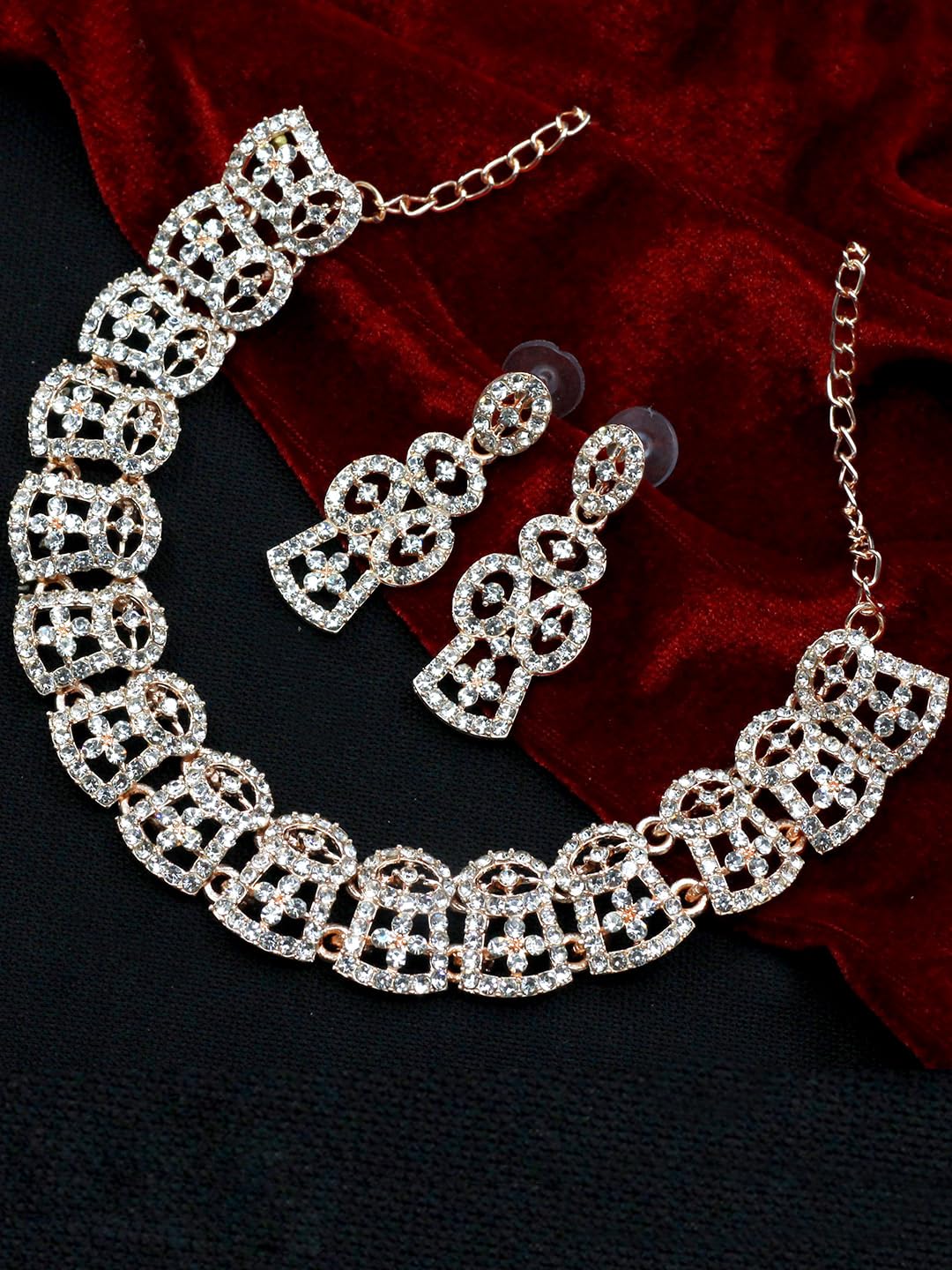 Samyuktha Wspaniały naszyjnik typu choker, pozłacany różowym złotem, austriacki ze stopu diamentów, zestaw biżuterii (różowe złoto), mosiądz, bez kamieni szlachetnych, Mosiądz, Bez kamieni