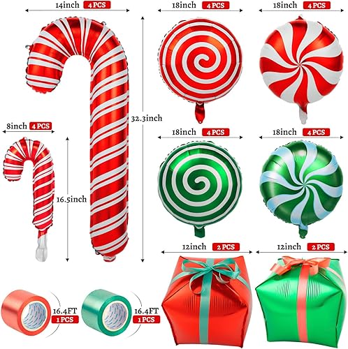 Miniatura 6 de 30 globos de papel de aluminio de Navidad, globos grandes de Mylar con remolinos de bastón de caramelo con cintas, globos rojos y verdes para